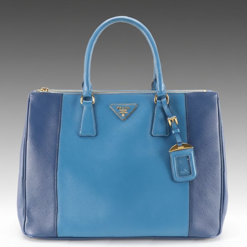 Prada Double Zip Galleria Top Handle Tote in Bicolored Blue Saffiano Lux Leather