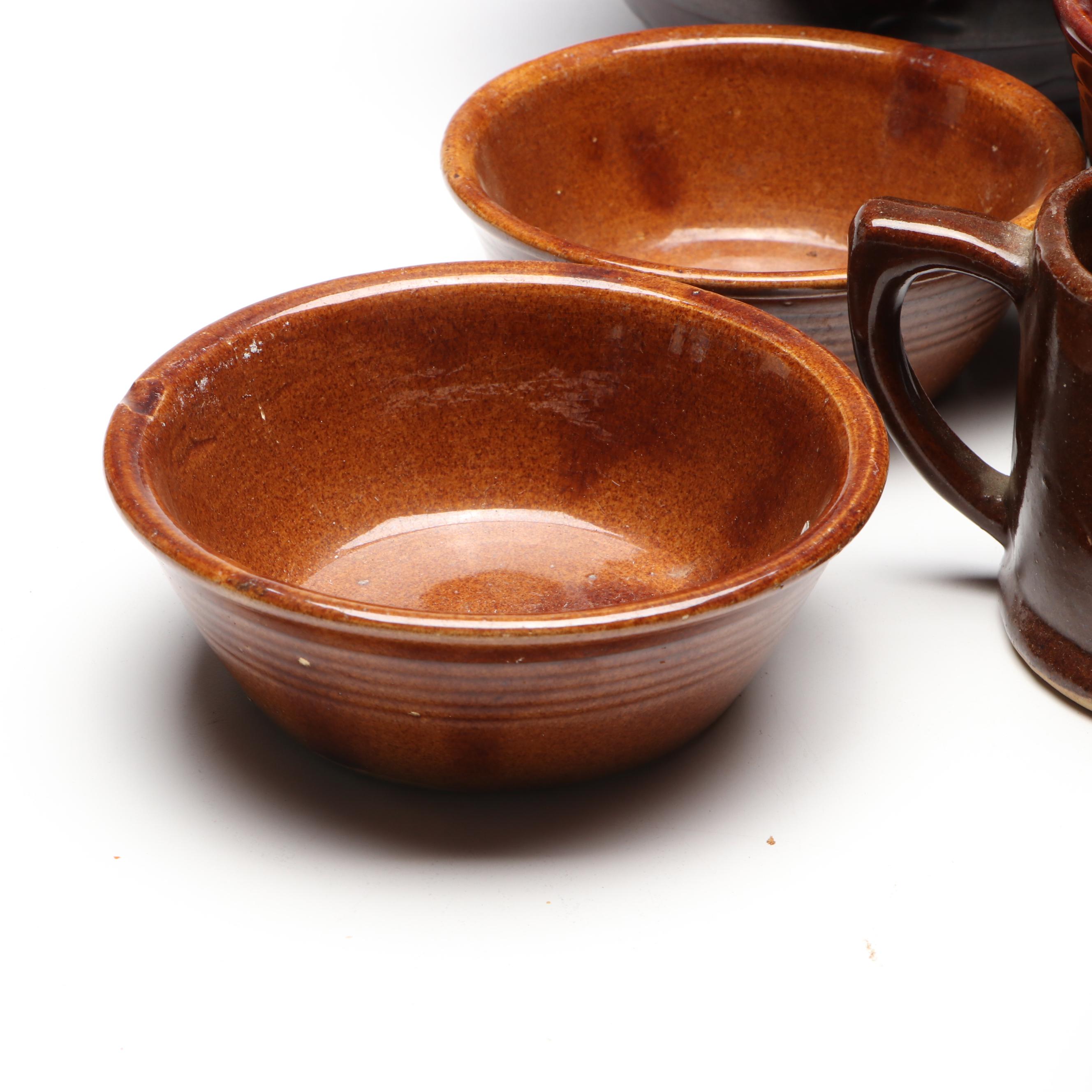 Rustic American Studio Pottery Stoneware Bowls with Pitcher Vase and Mug