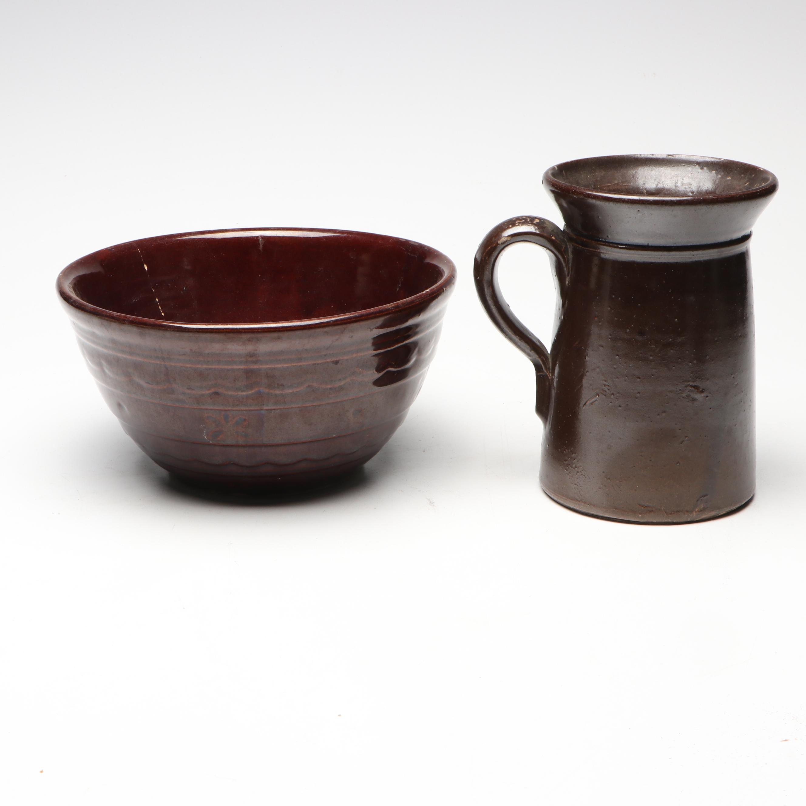 Rustic American Studio Pottery Stoneware Bowls with Pitcher Vase and Mug