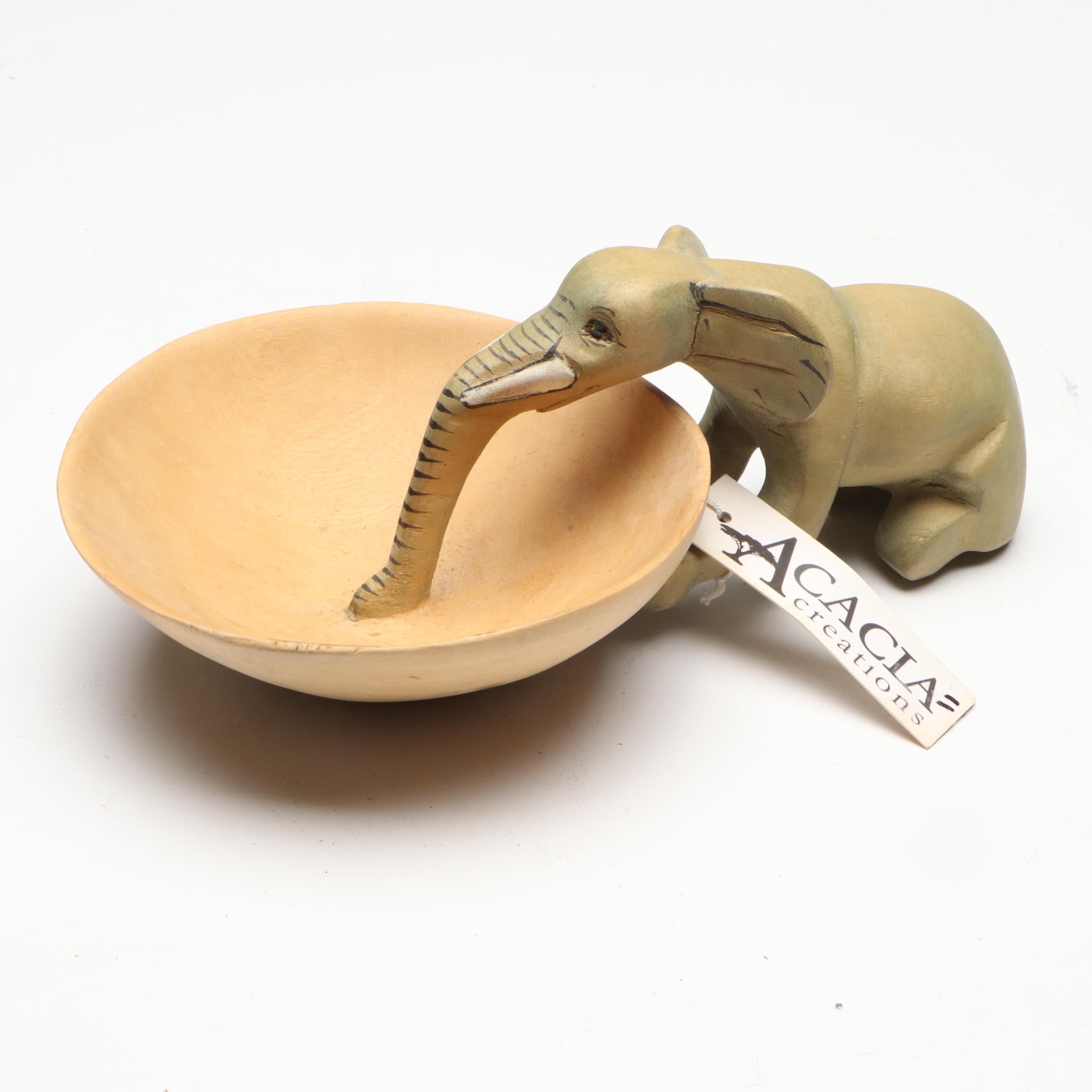 Acacia Creations Carved Wood Elephant Bowl with Hand-Painted Terracotta Box