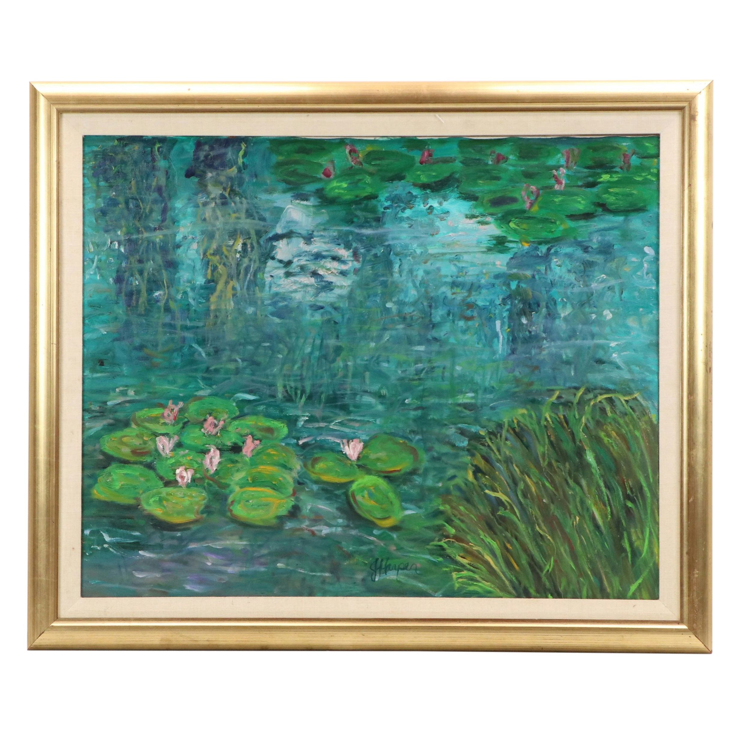 J.H. Harper Pond Landscape Acrylic Painting with Lily Pads, 21st Century