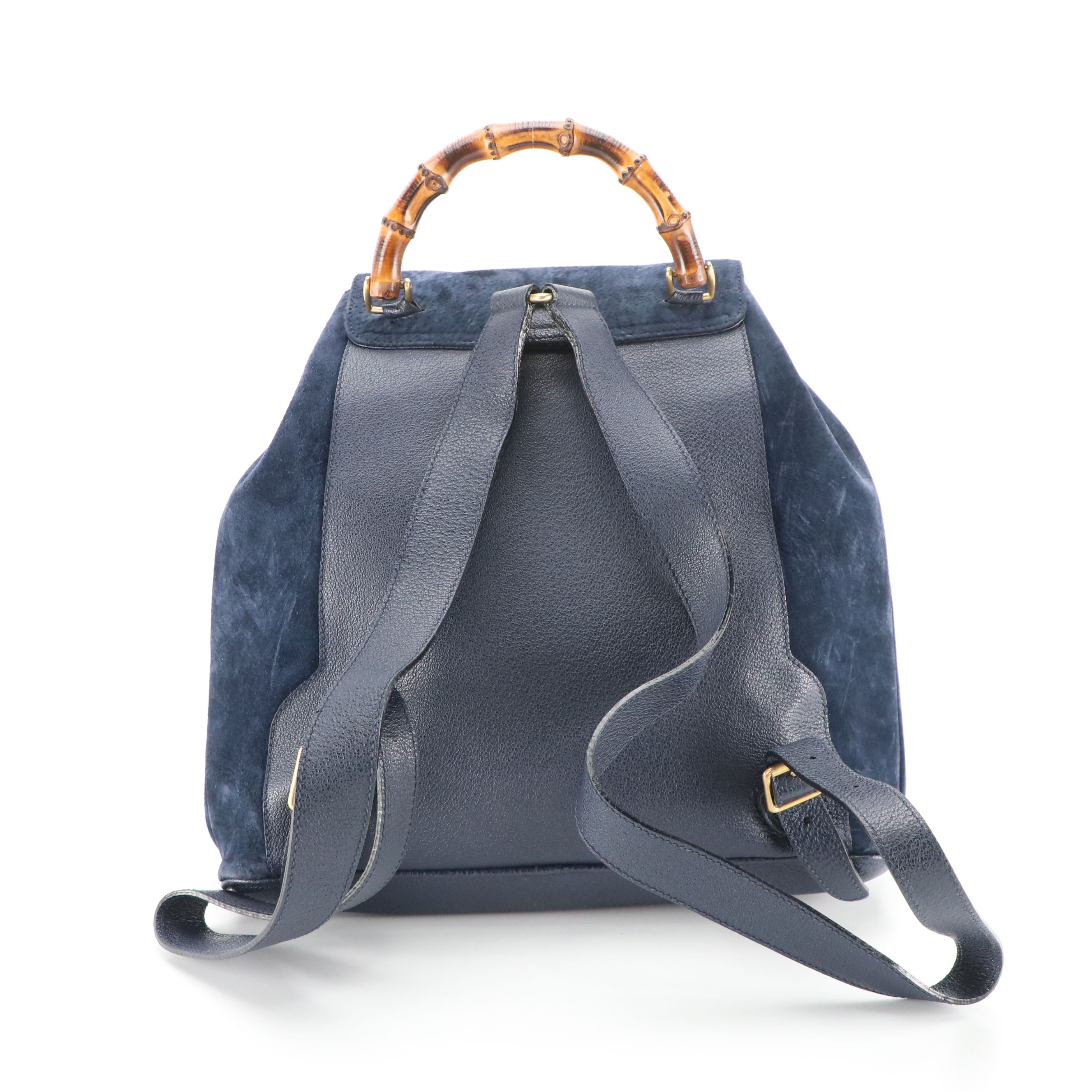 Gucci Bamboo Handle Drawstring Backpack in Dark Blue Suede and Leather