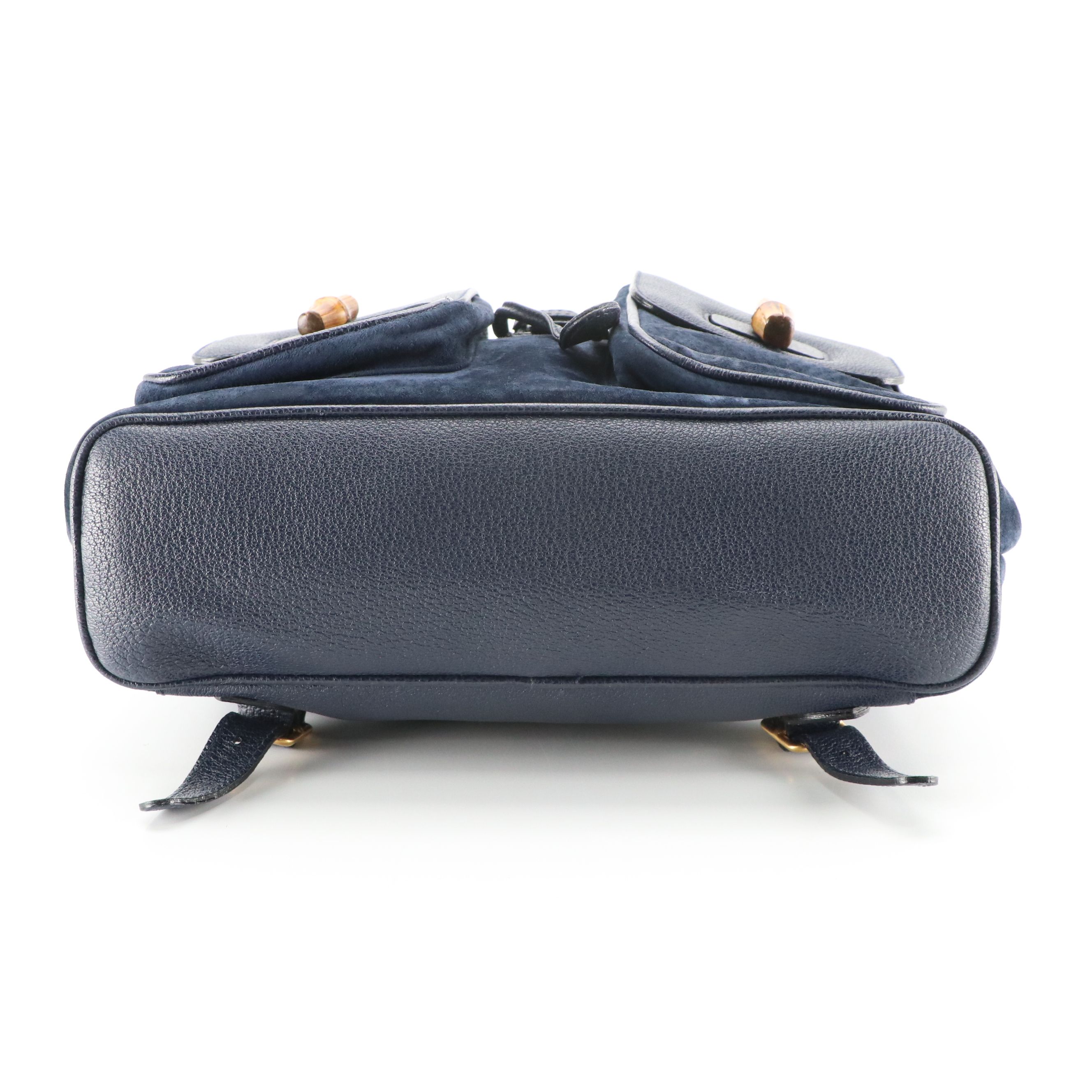 Gucci Bamboo Handle Drawstring Backpack in Dark Blue Suede and Leather