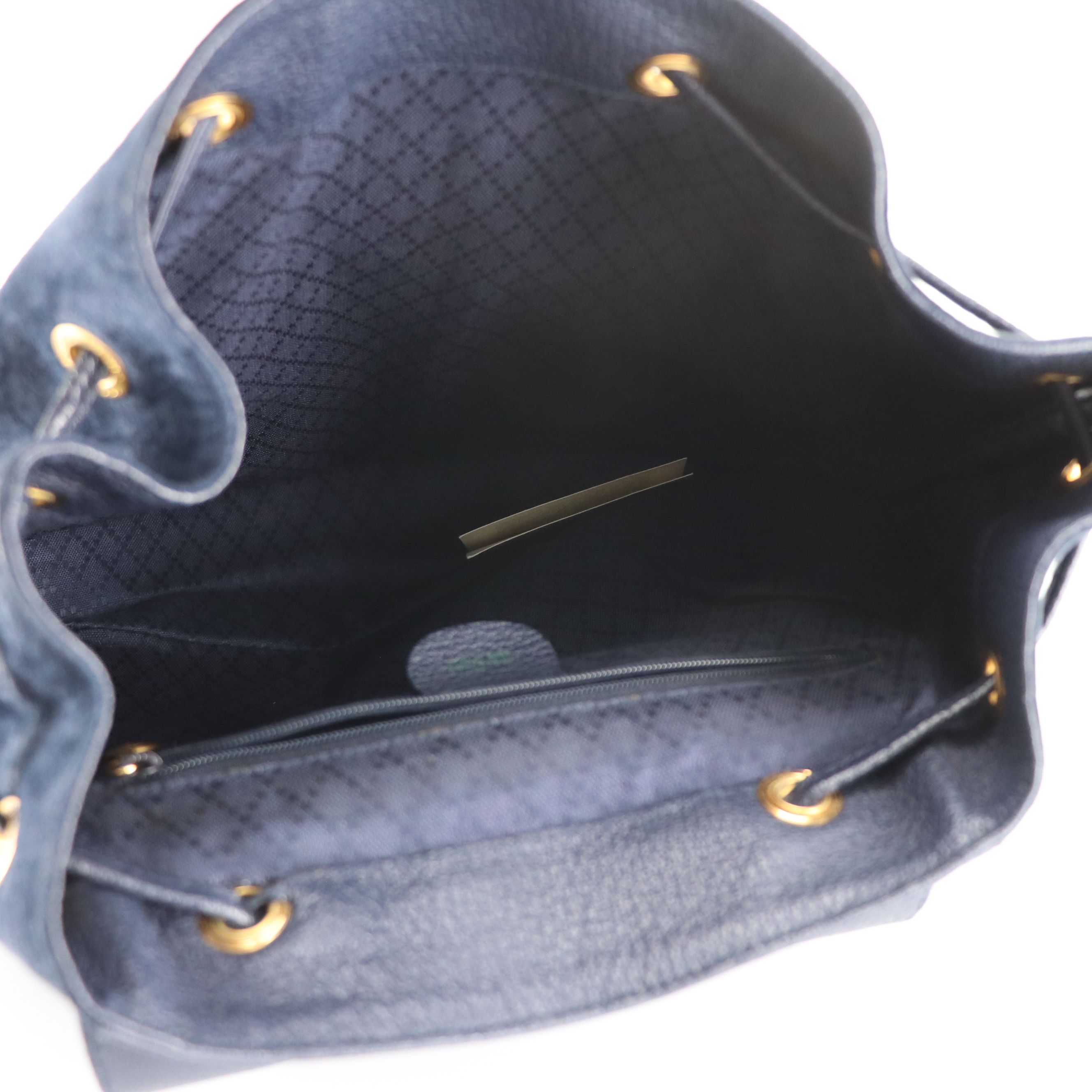 Gucci Bamboo Handle Drawstring Backpack in Dark Blue Suede and Leather