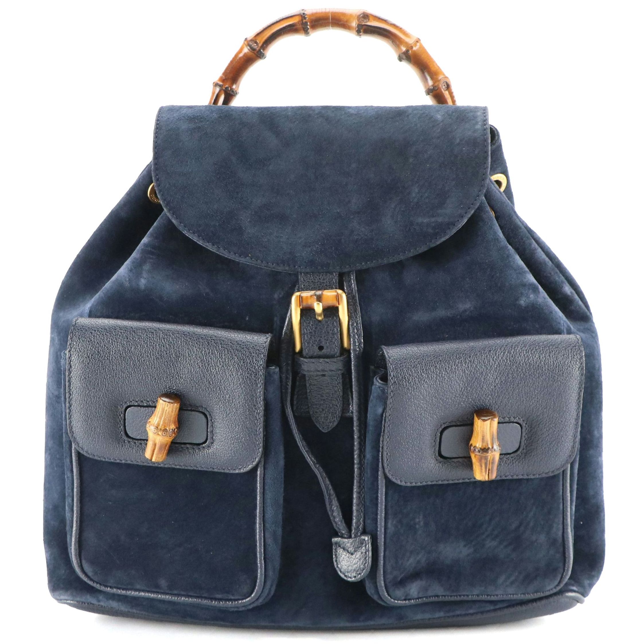 Gucci Bamboo Handle Drawstring Backpack in Dark Blue Suede and Leather