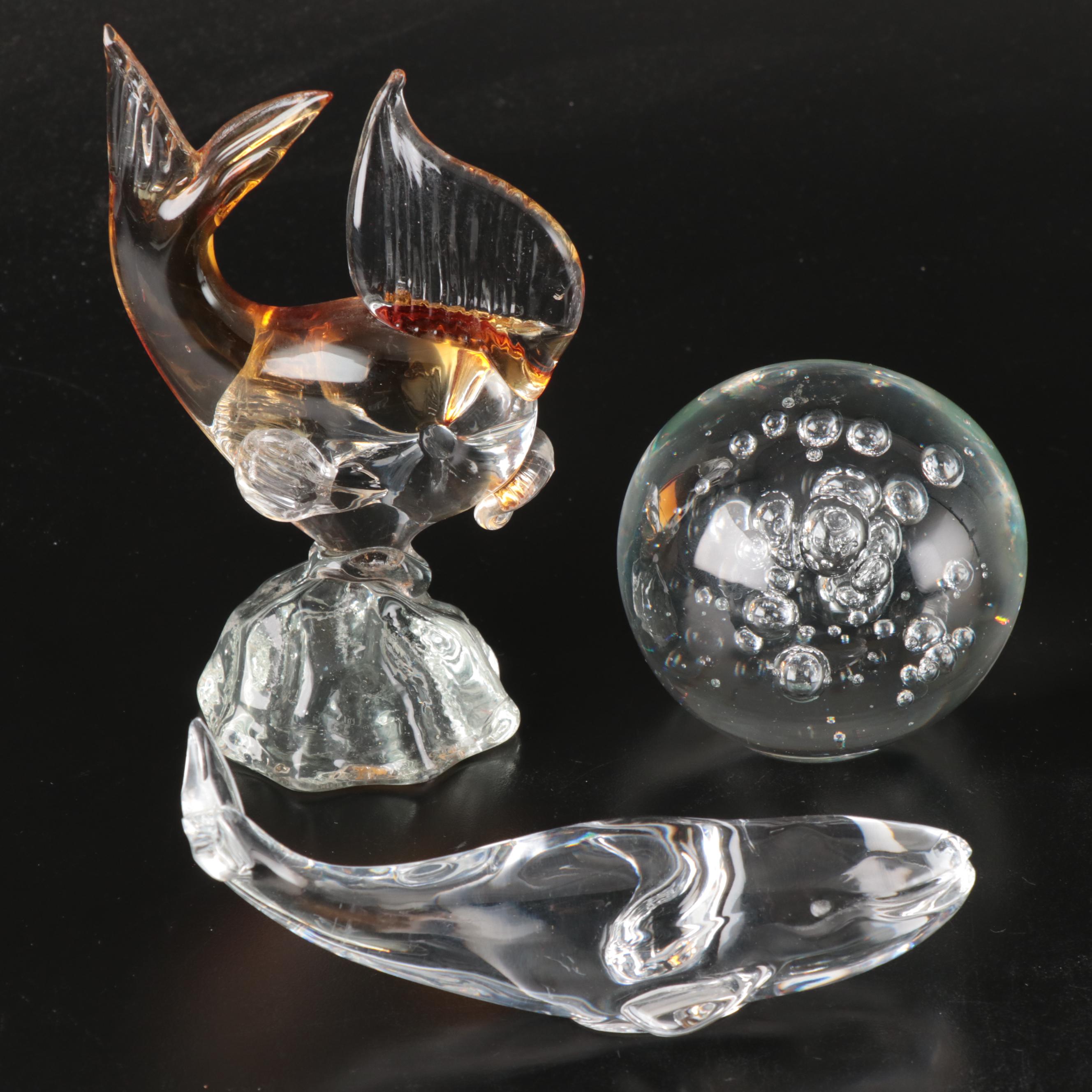 Baccarat Crystal Whale with Arte Murano Icet Goldfish and Other Paperweight