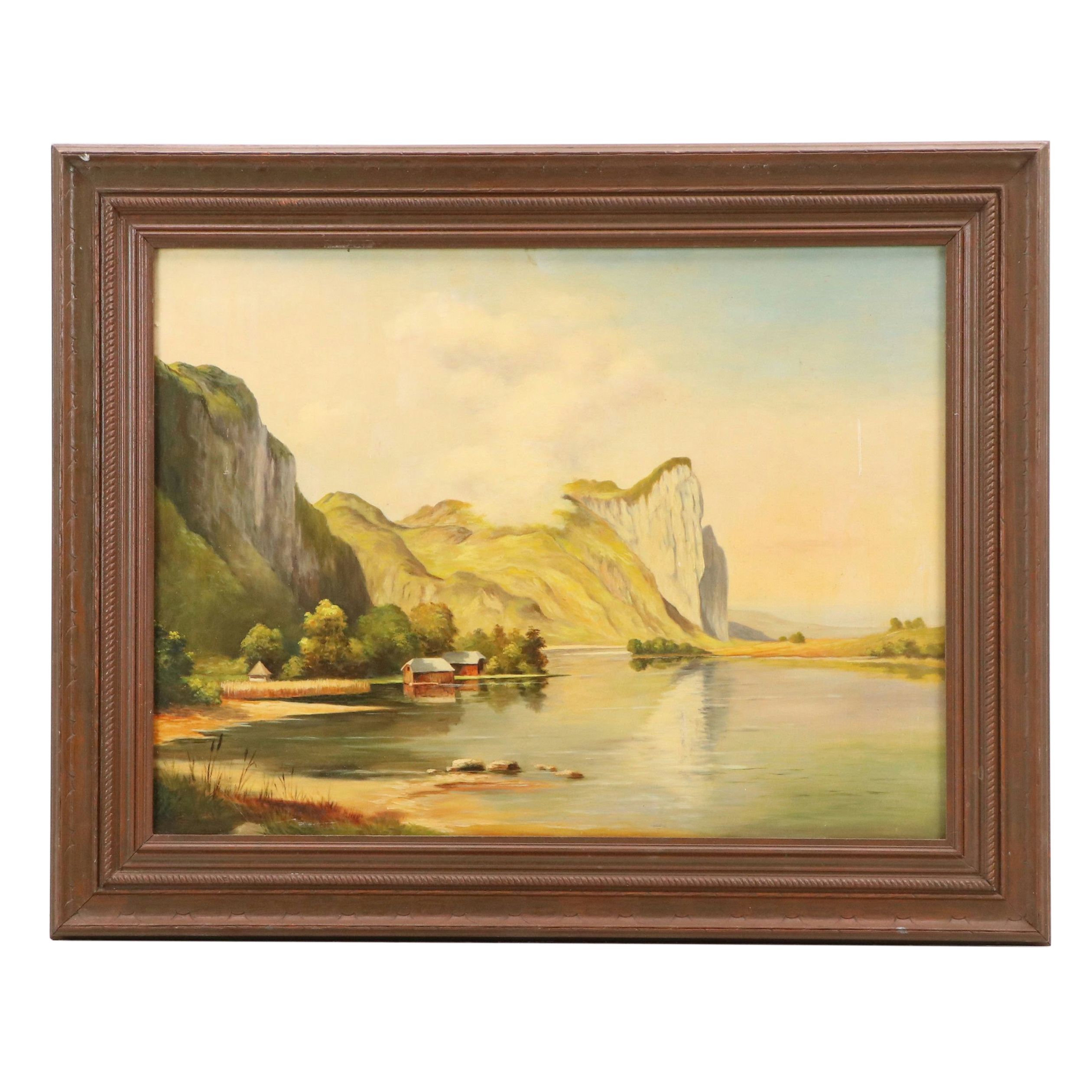 Mountainous Lake Landscape Oil Painting