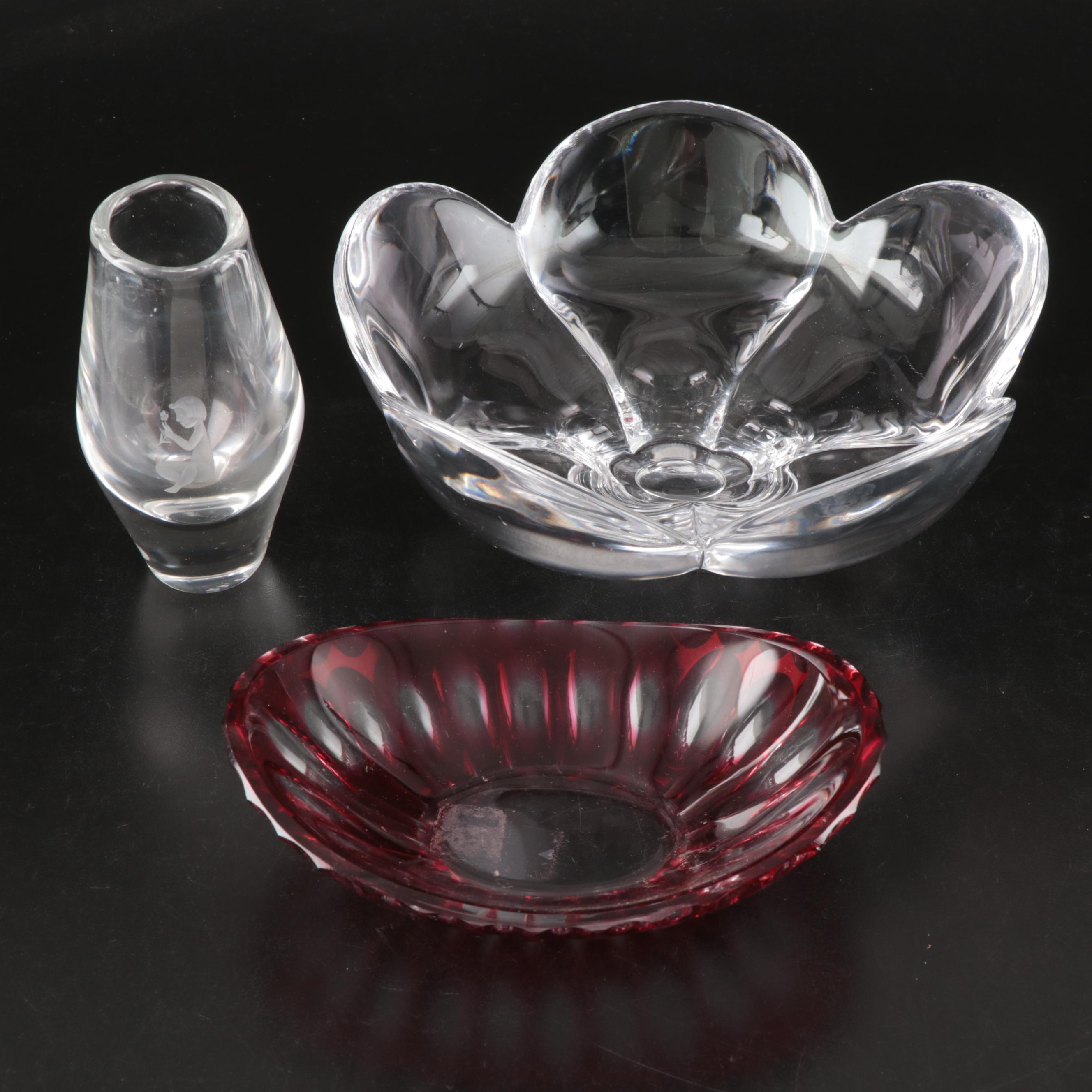 Orrefors "Pomona" Bowl and Etched Vase with Ruby Cut to Clear Dish