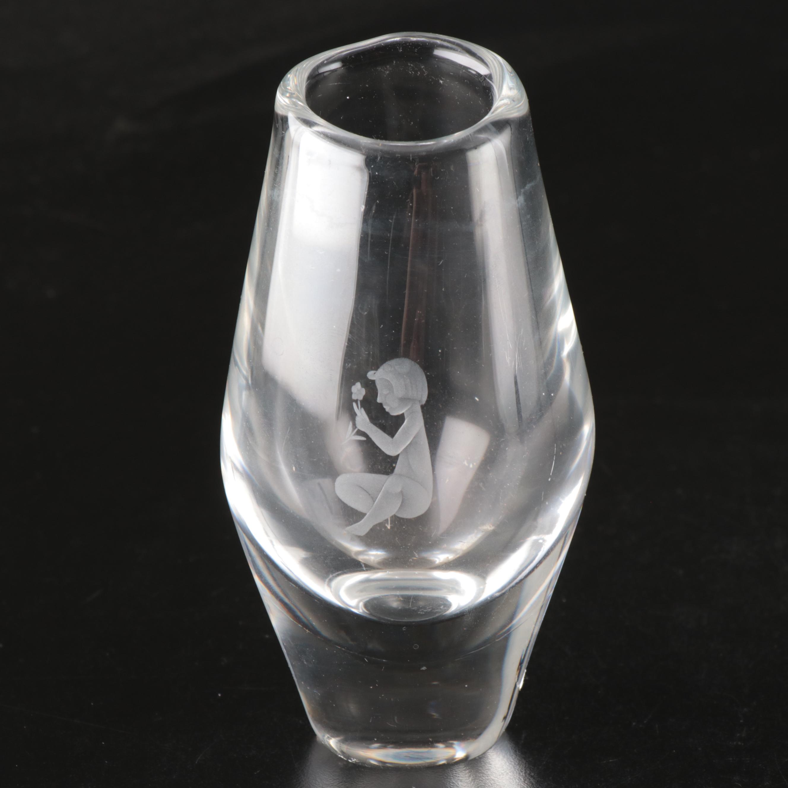 Orrefors "Pomona" Bowl and Etched Vase with Ruby Cut to Clear Dish