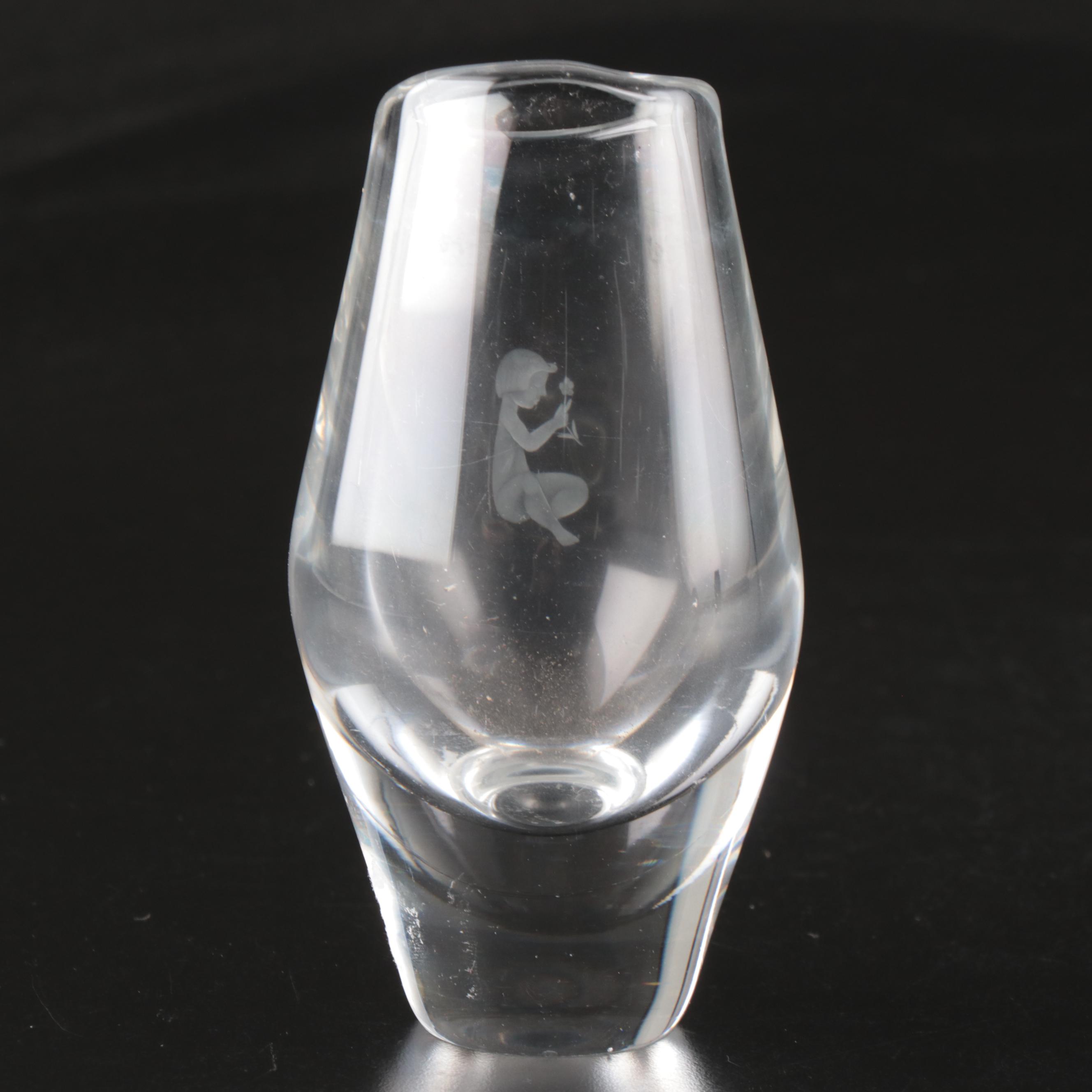 Orrefors "Pomona" Bowl and Etched Vase with Ruby Cut to Clear Dish