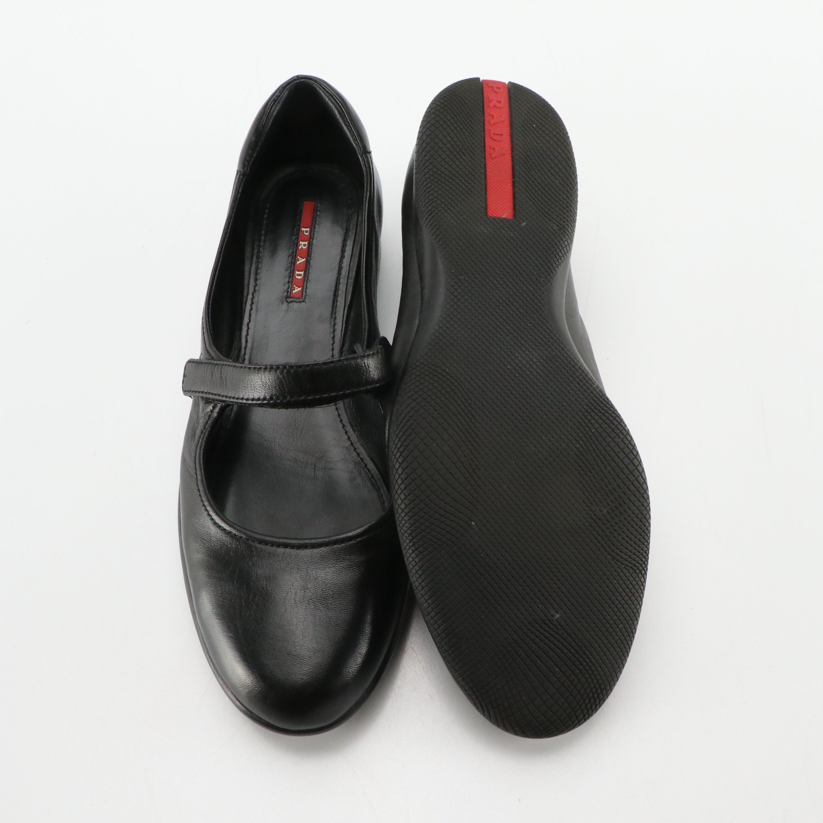 Prada Sport Mary Jane Flats in Black Lambskin Leather