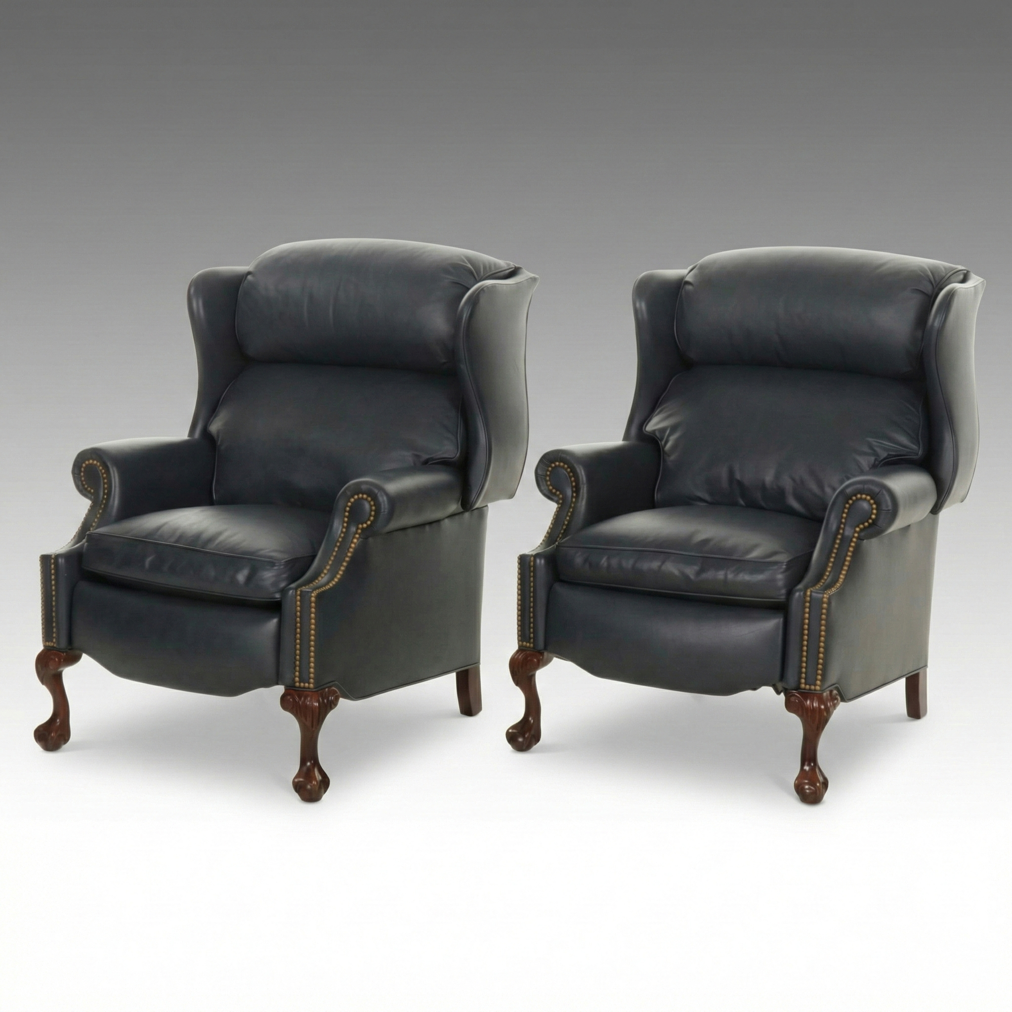 Pair of Hancock & Moore Chippendale Style Leather Upholstered Recliners