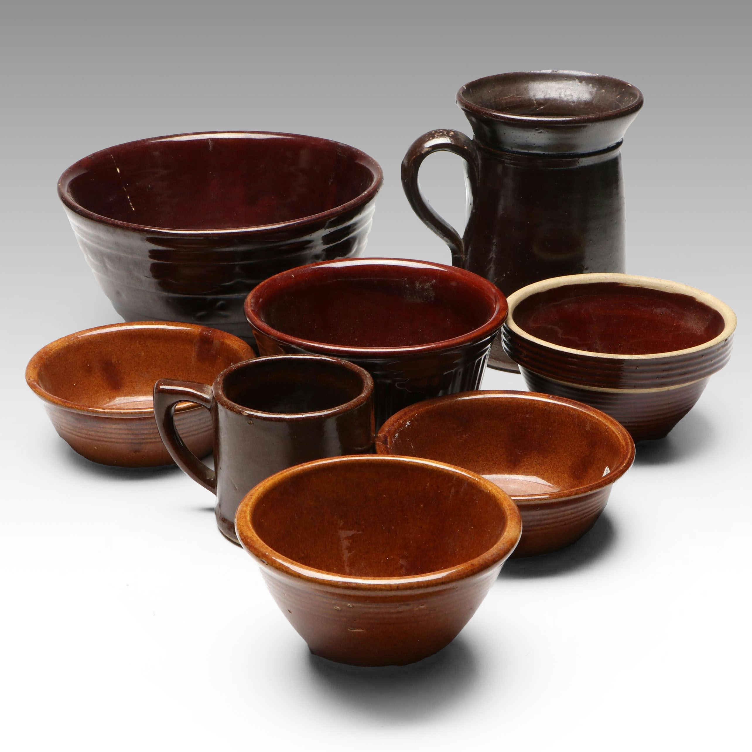 Rustic American Studio Pottery Stoneware Bowls with Pitcher Vase and Mug