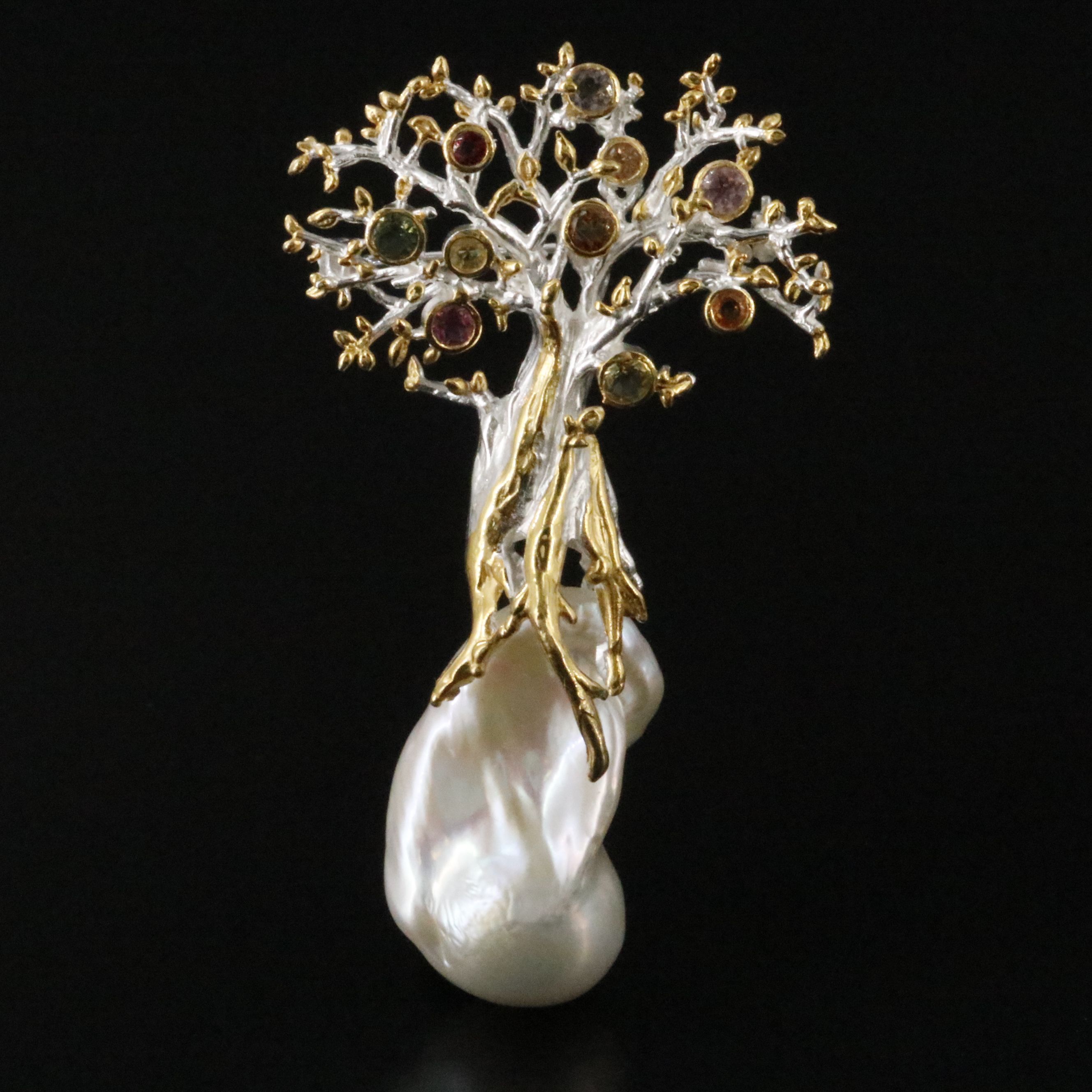 Sterling Pearl and Tourmaline Tree of Life Brooch