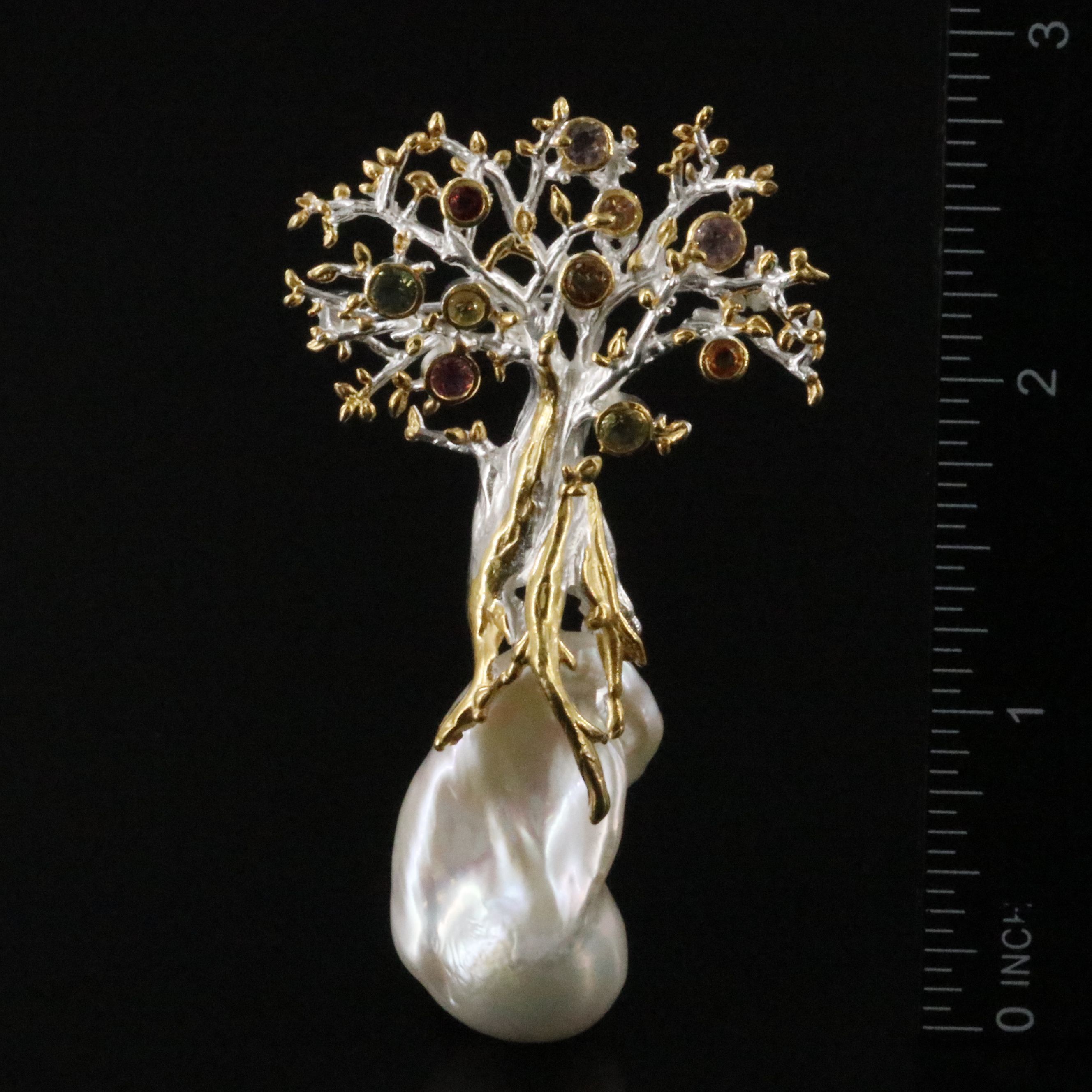 Sterling Pearl and Tourmaline Tree of Life Brooch