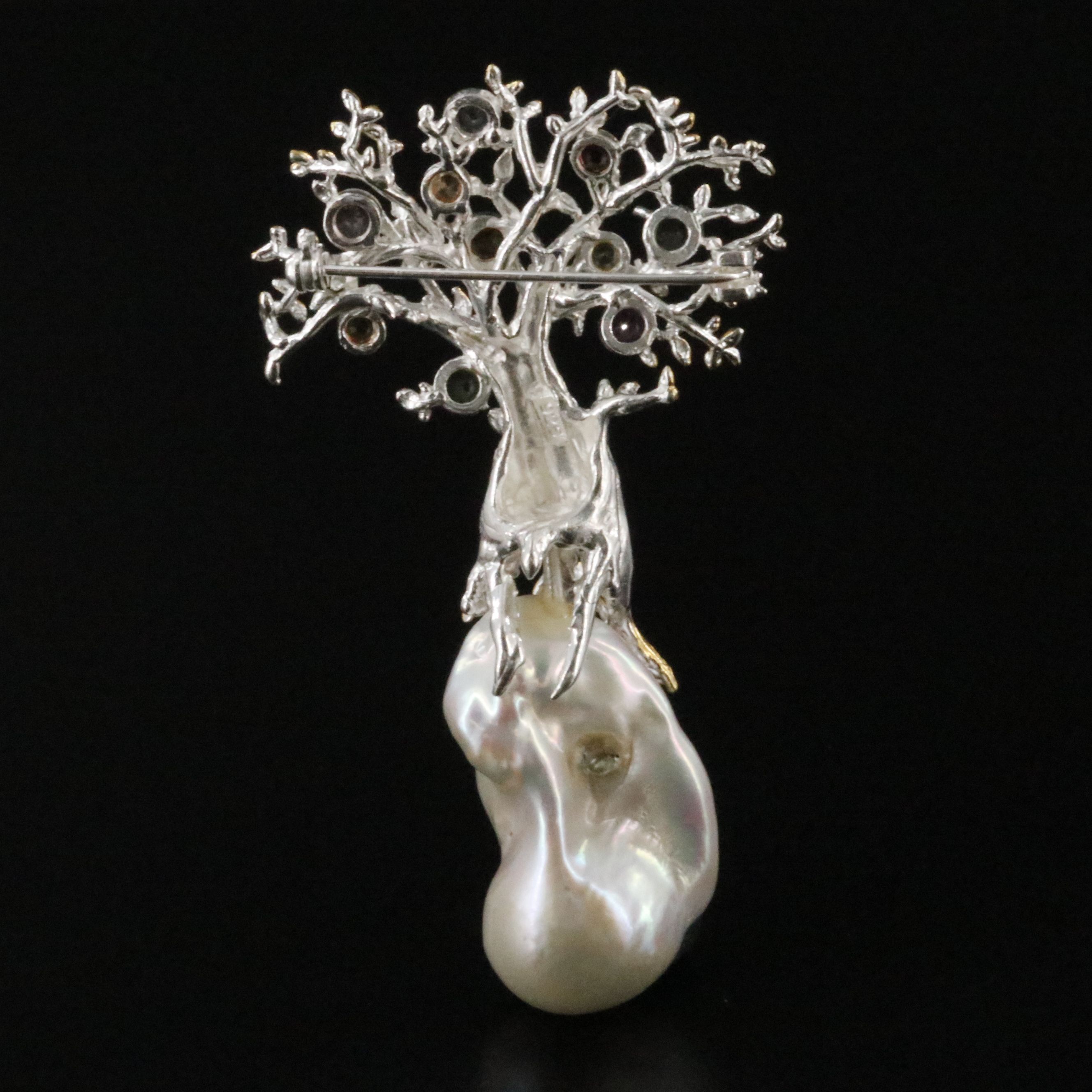 Sterling Pearl and Tourmaline Tree of Life Brooch
