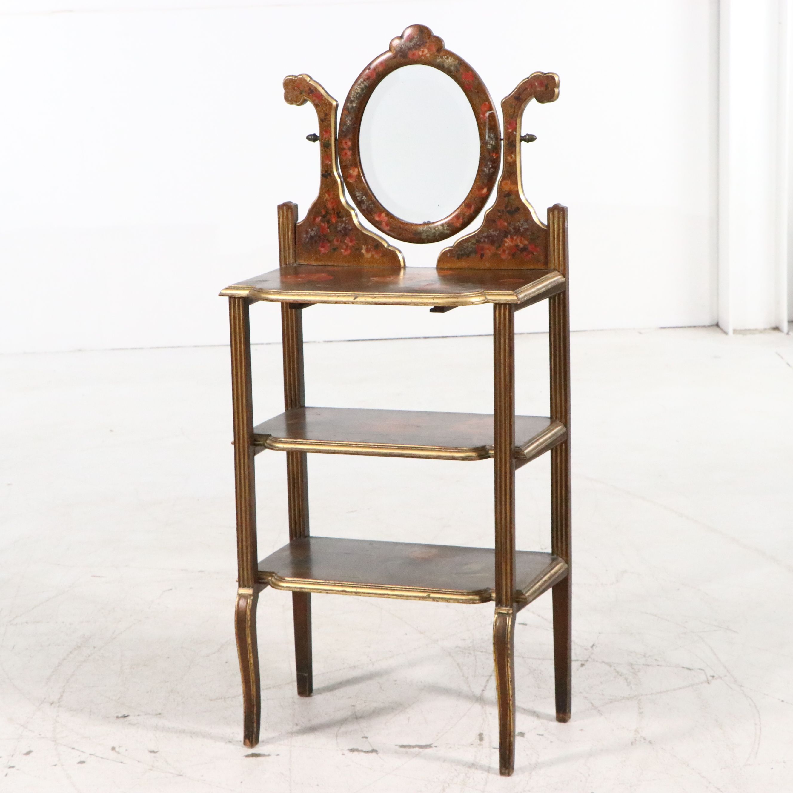 French Style Hand-Painted Floral Étagère with Tilting Oval Mirror, Early 20th C.