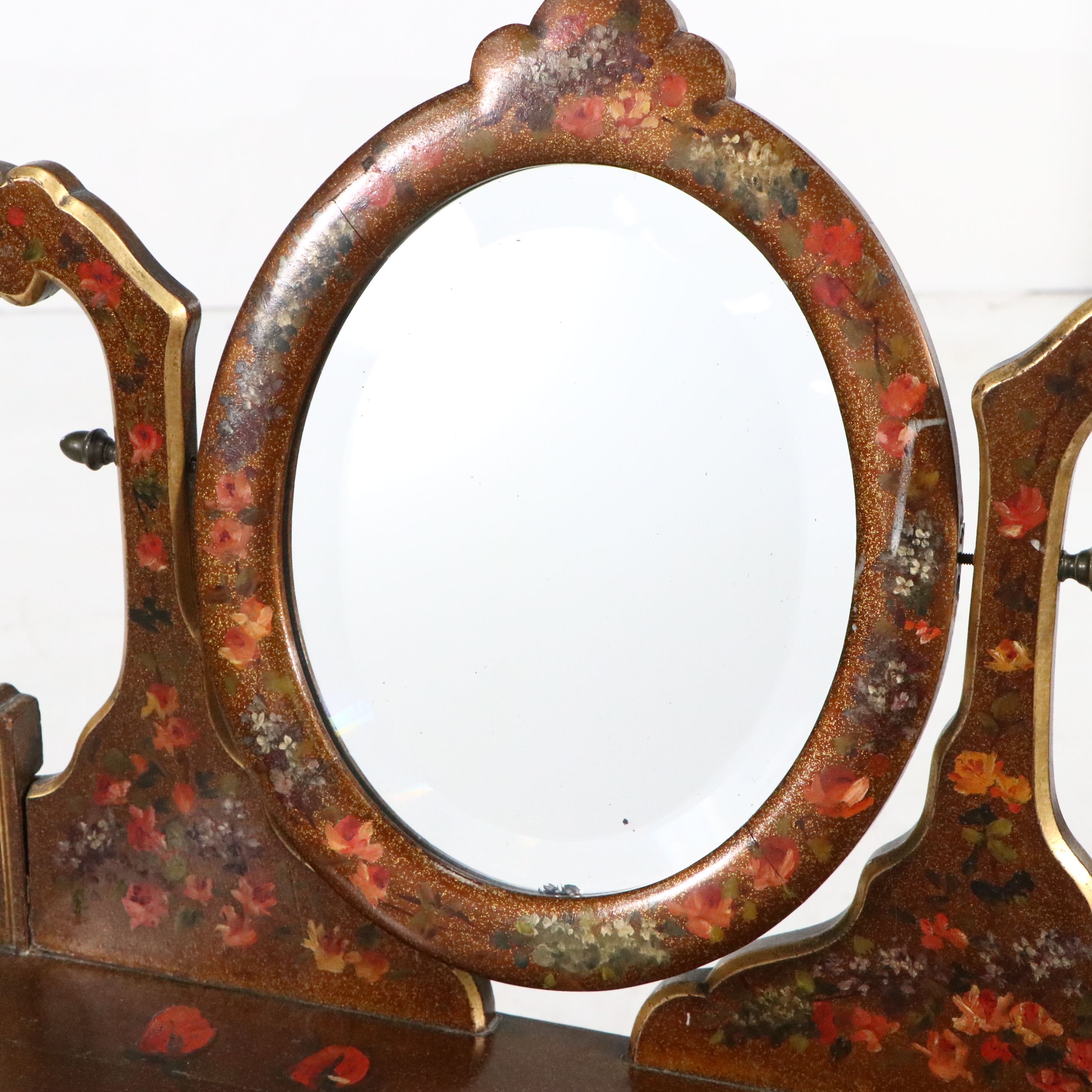 French Style Hand-Painted Floral Étagère with Tilting Oval Mirror, Early 20th C.