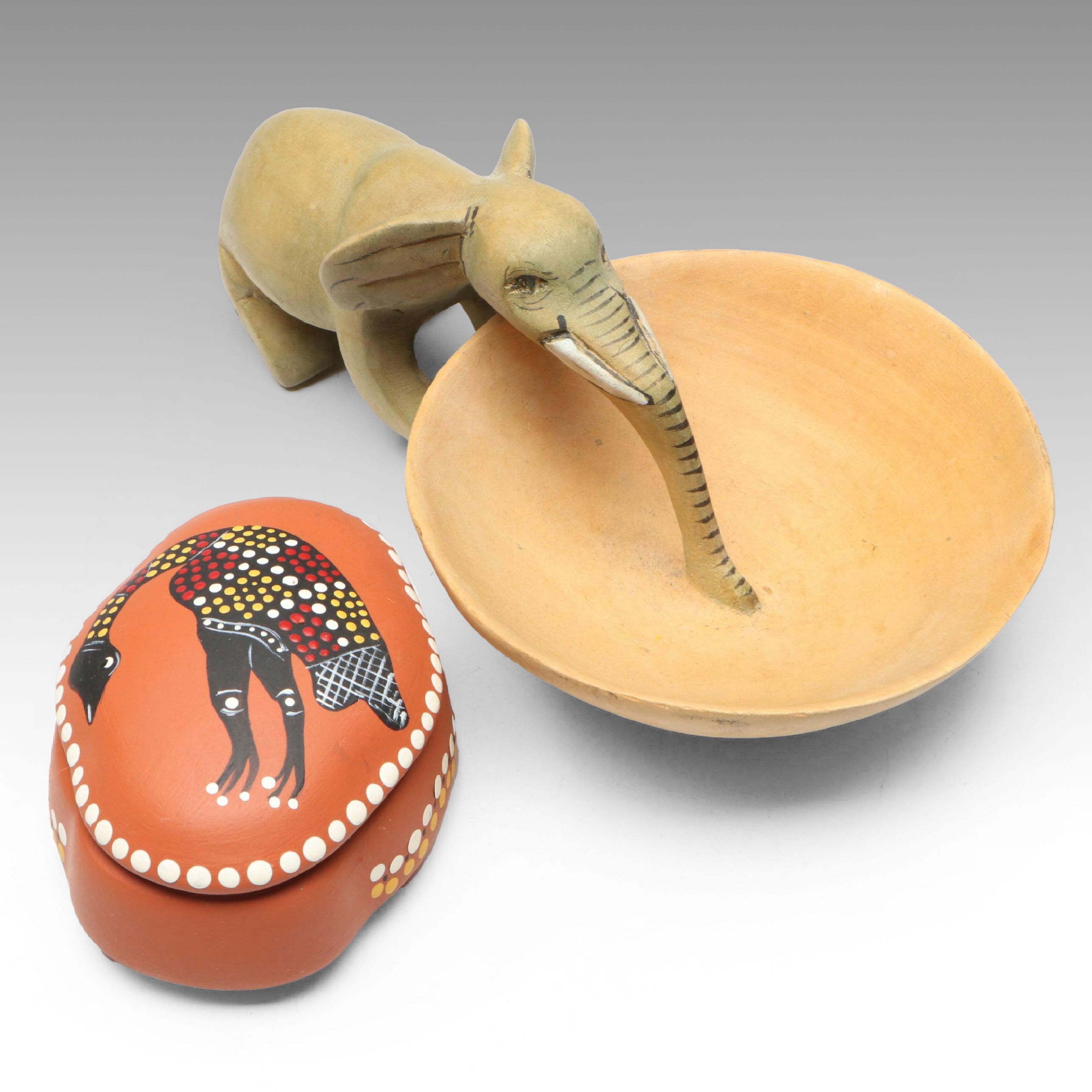 Acacia Creations Carved Wood Elephant Bowl with Hand-Painted Terracotta Box