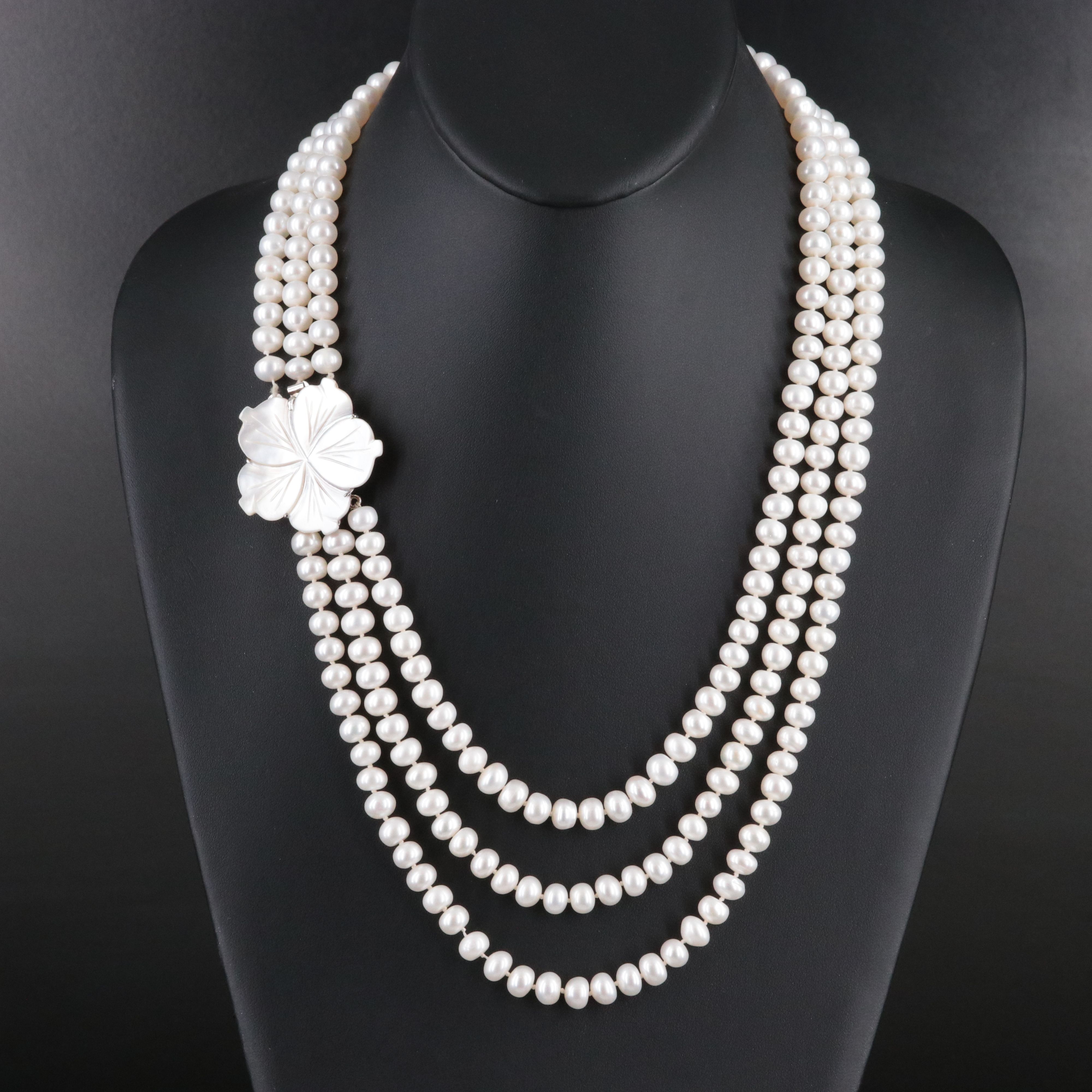 Pearl Necklace with Carved Mother-of-Pearl Flower Clasp