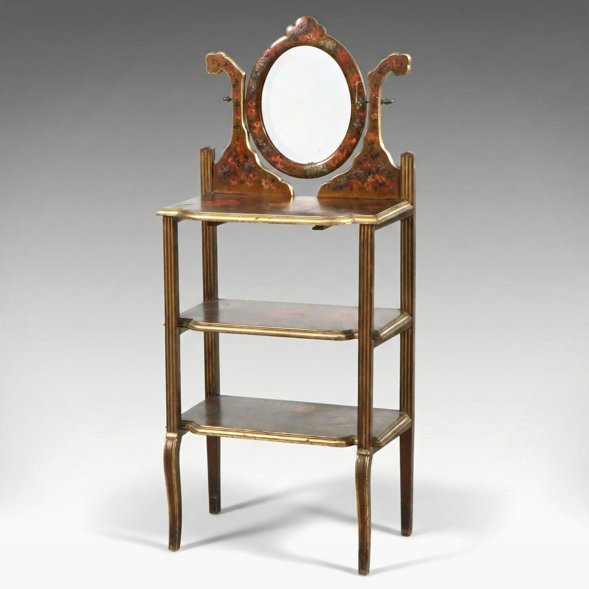 French Style Hand-Painted Floral Étagère with Tilting Oval Mirror, Early 20th C.