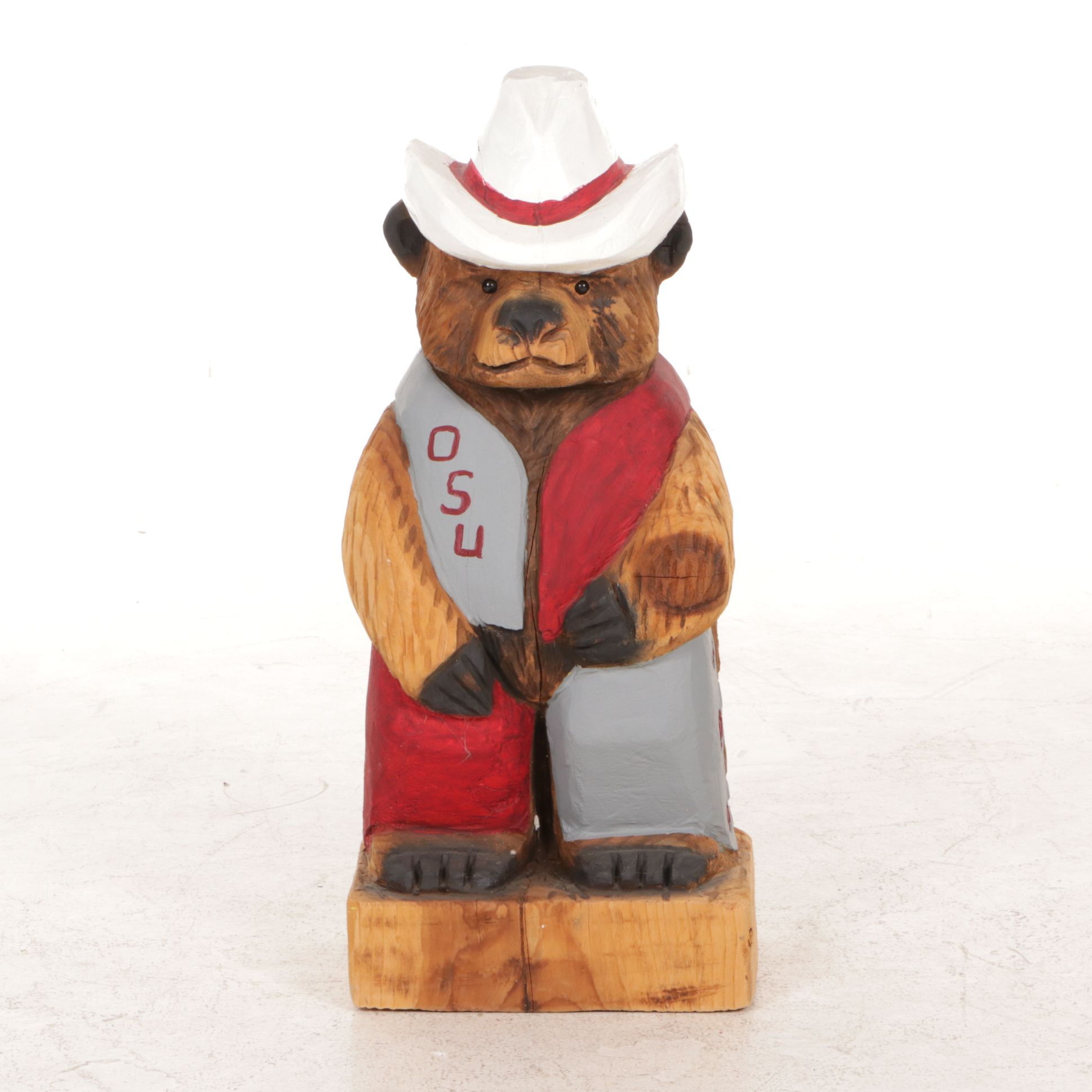 OSU Bear Wearing Cowboy Hat Carved and Painted Sculpture