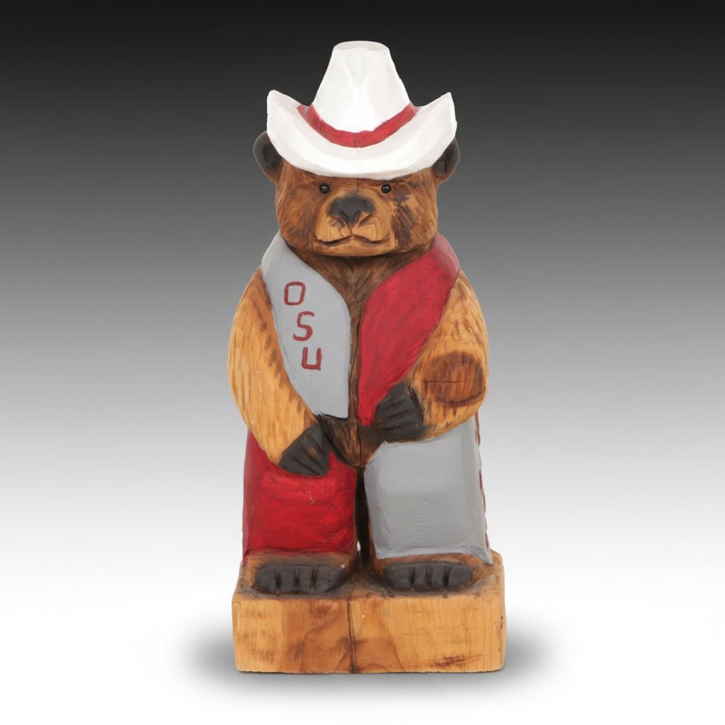OSU Bear Wearing Cowboy Hat Carved and Painted Sculpture