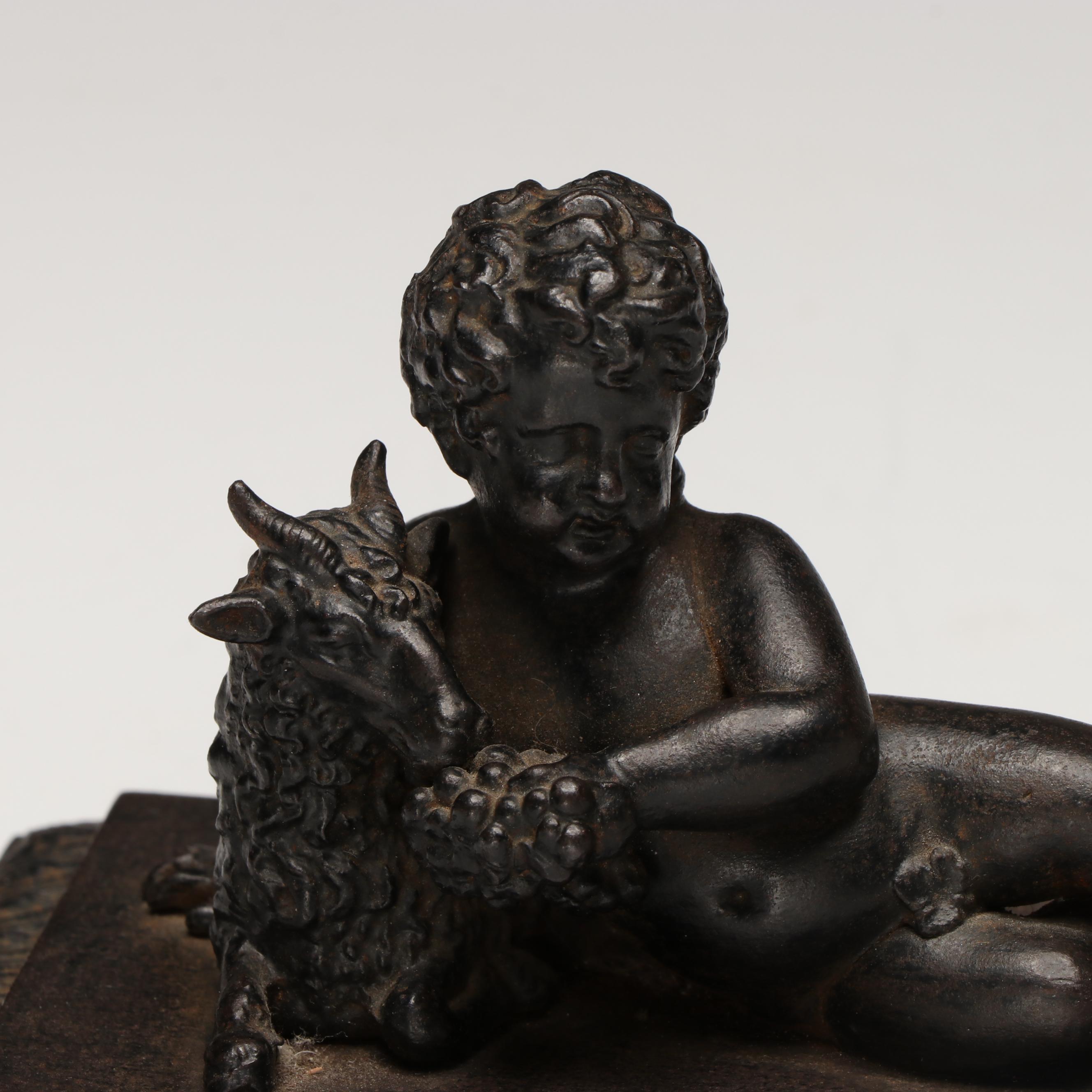 Bronze Cherub Playing with Goat Sculpture
