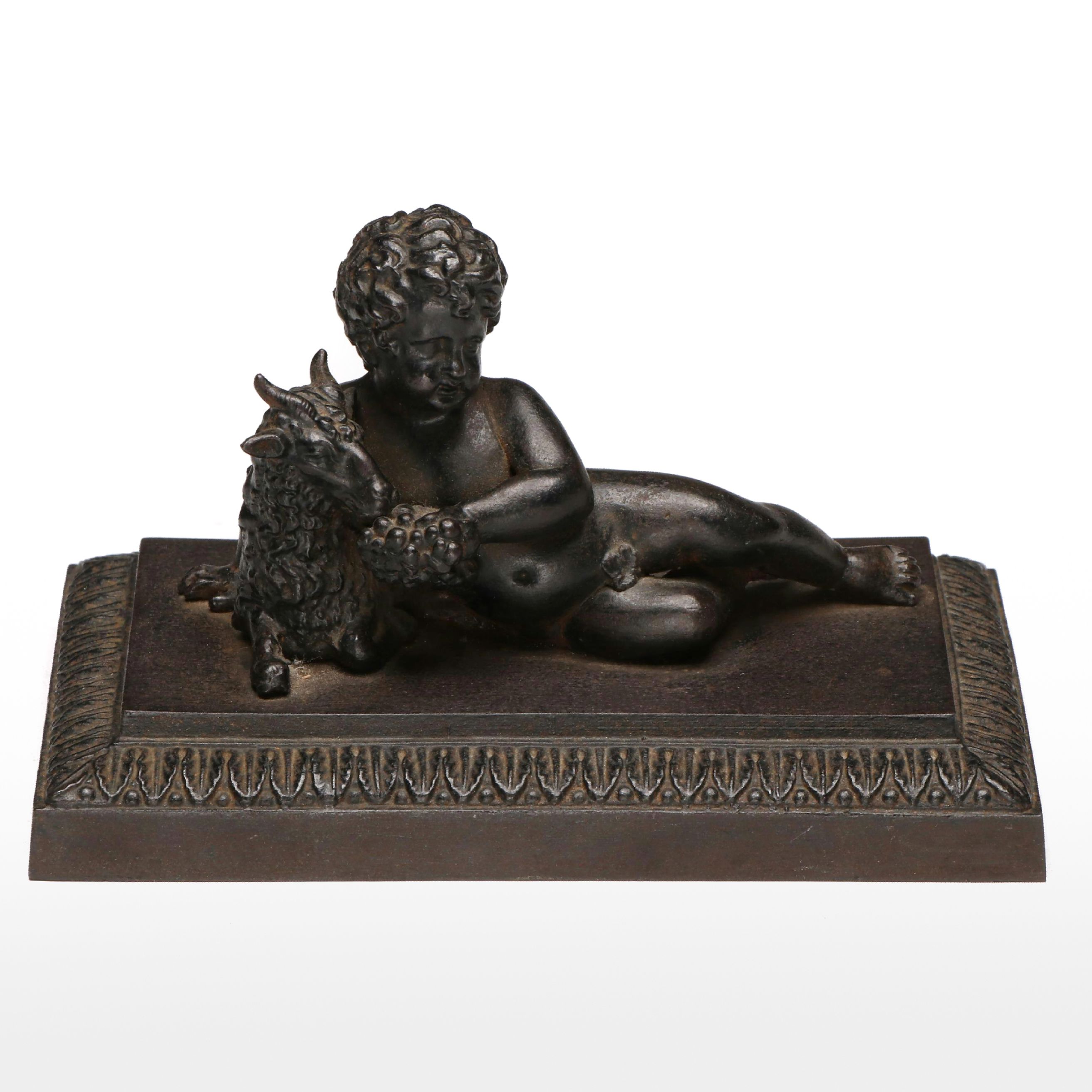 Bronze Cherub Playing with Goat Sculpture