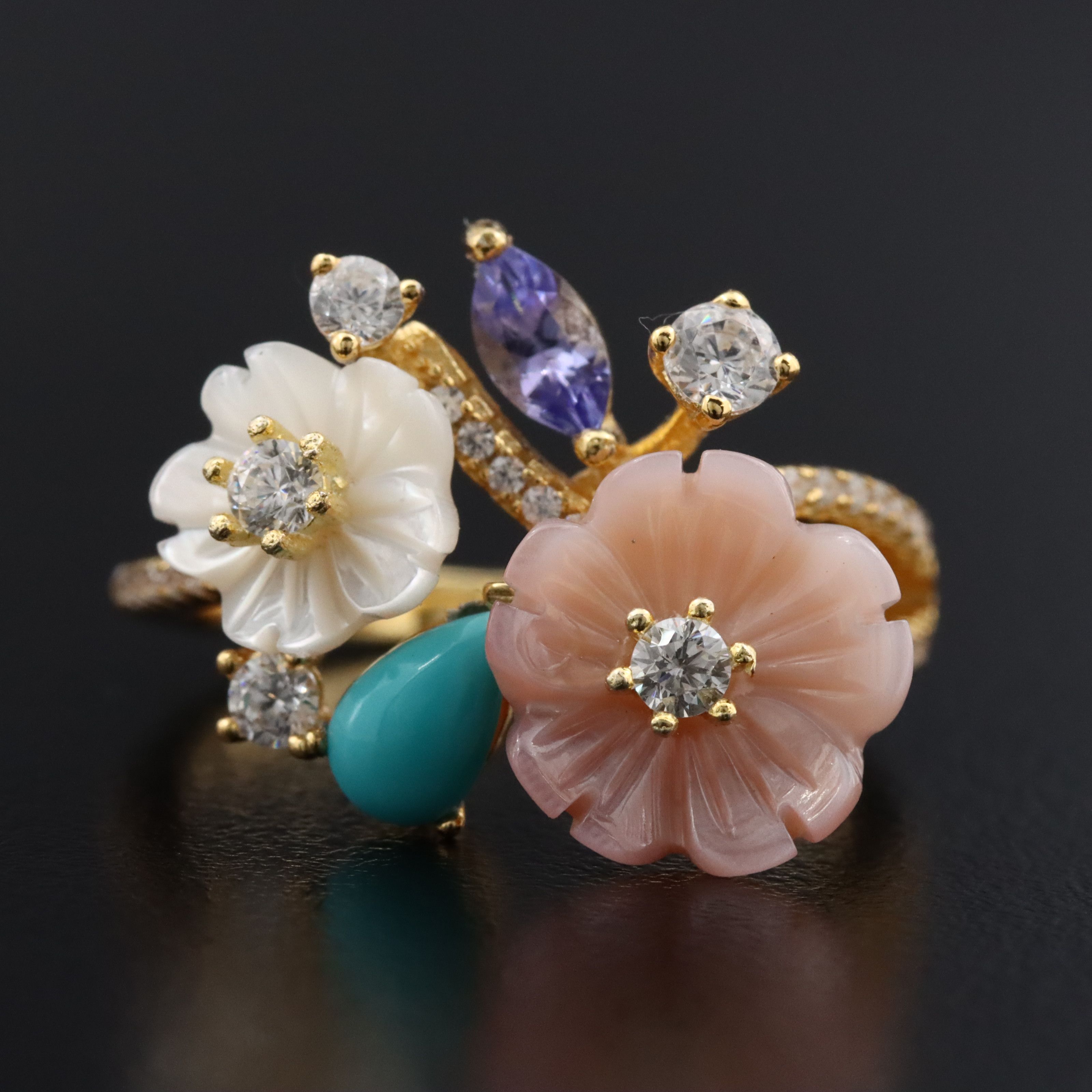 Sterling Floral Ring with Mother-of-Pearl, CZ and Turquoise