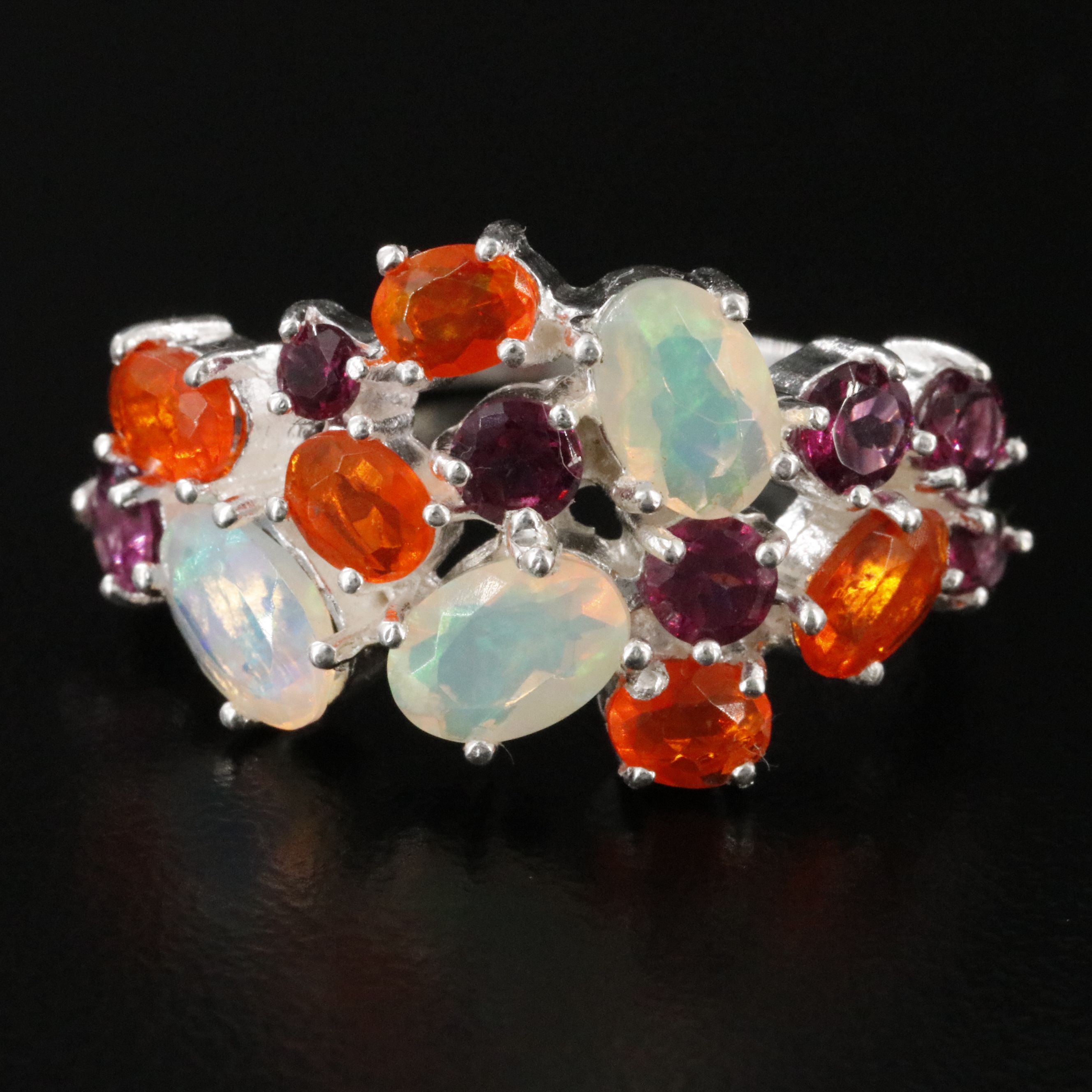 Sterling Opal, Fire Opal, and Rhodolite Garnet Ring