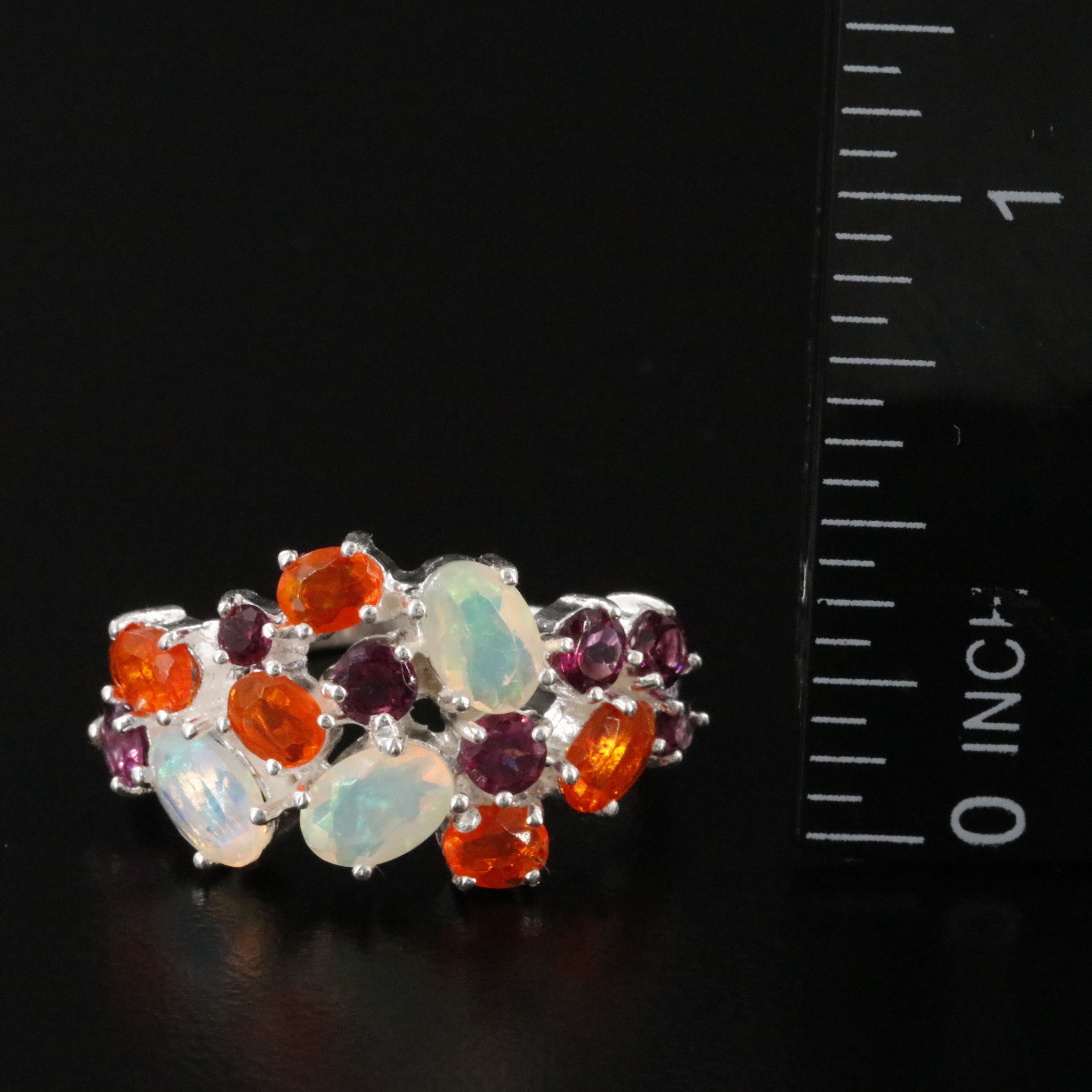 Sterling Opal, Fire Opal, and Rhodolite Garnet Ring