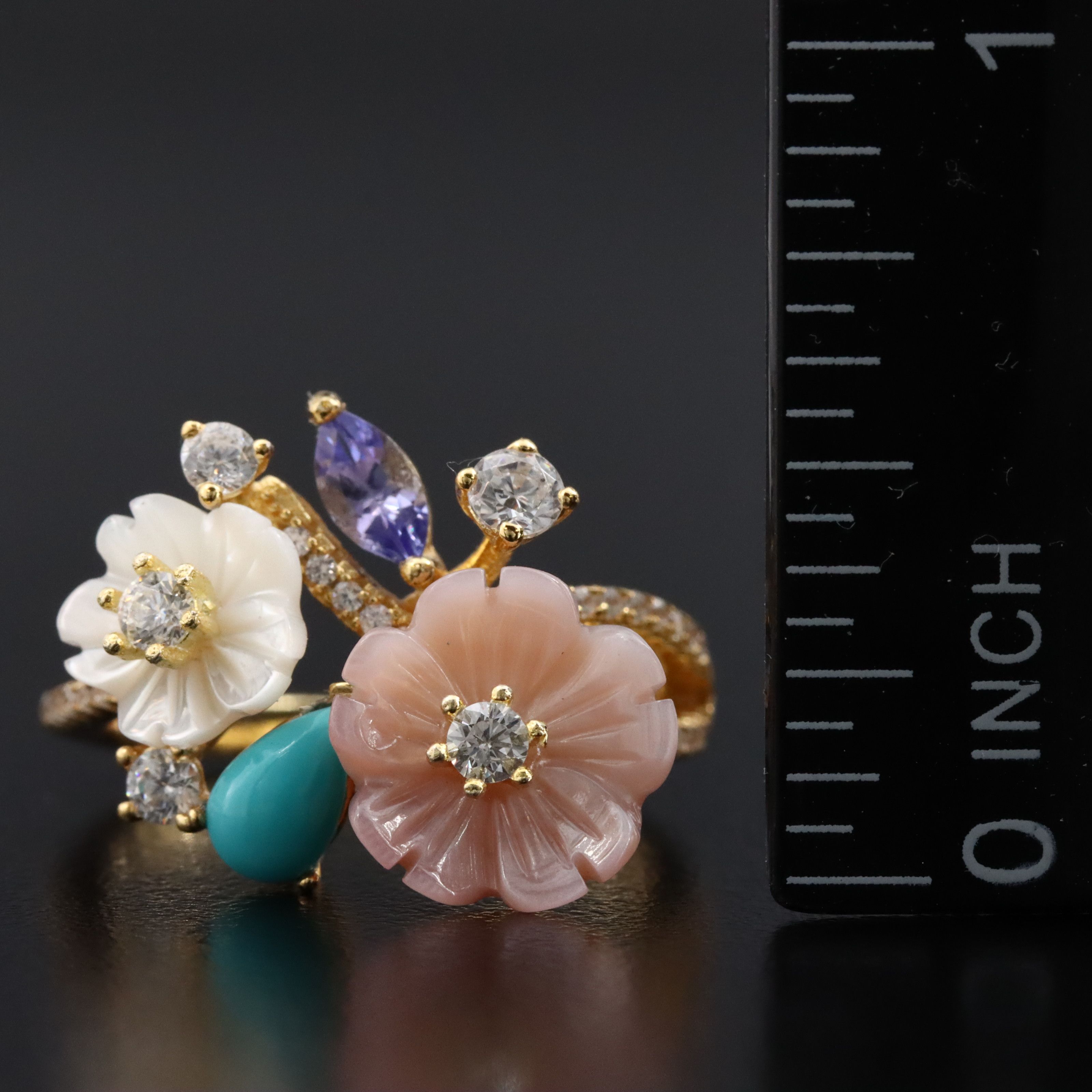 Sterling Floral Ring with Mother-of-Pearl, CZ and Turquoise