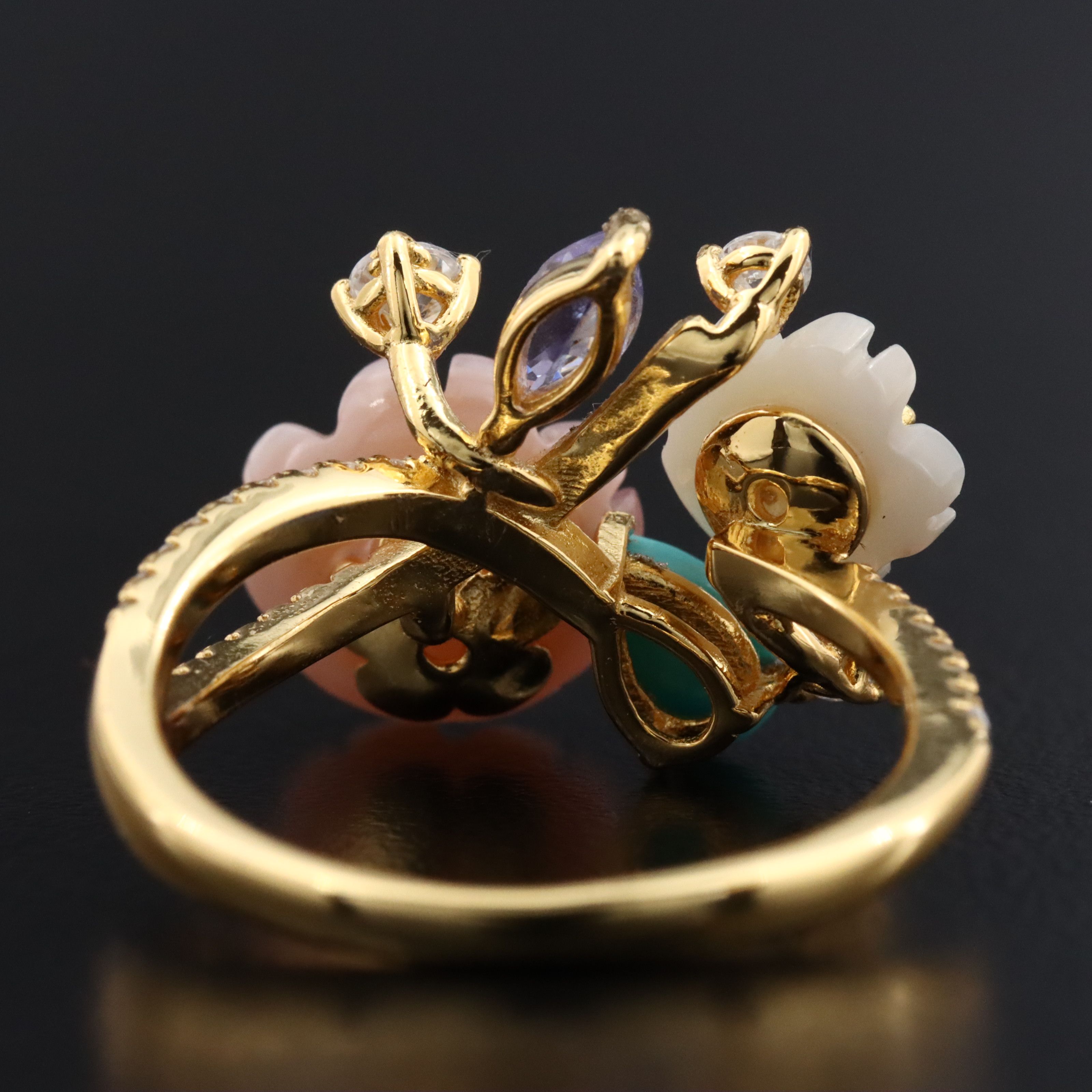 Sterling Floral Ring with Mother-of-Pearl, CZ and Turquoise