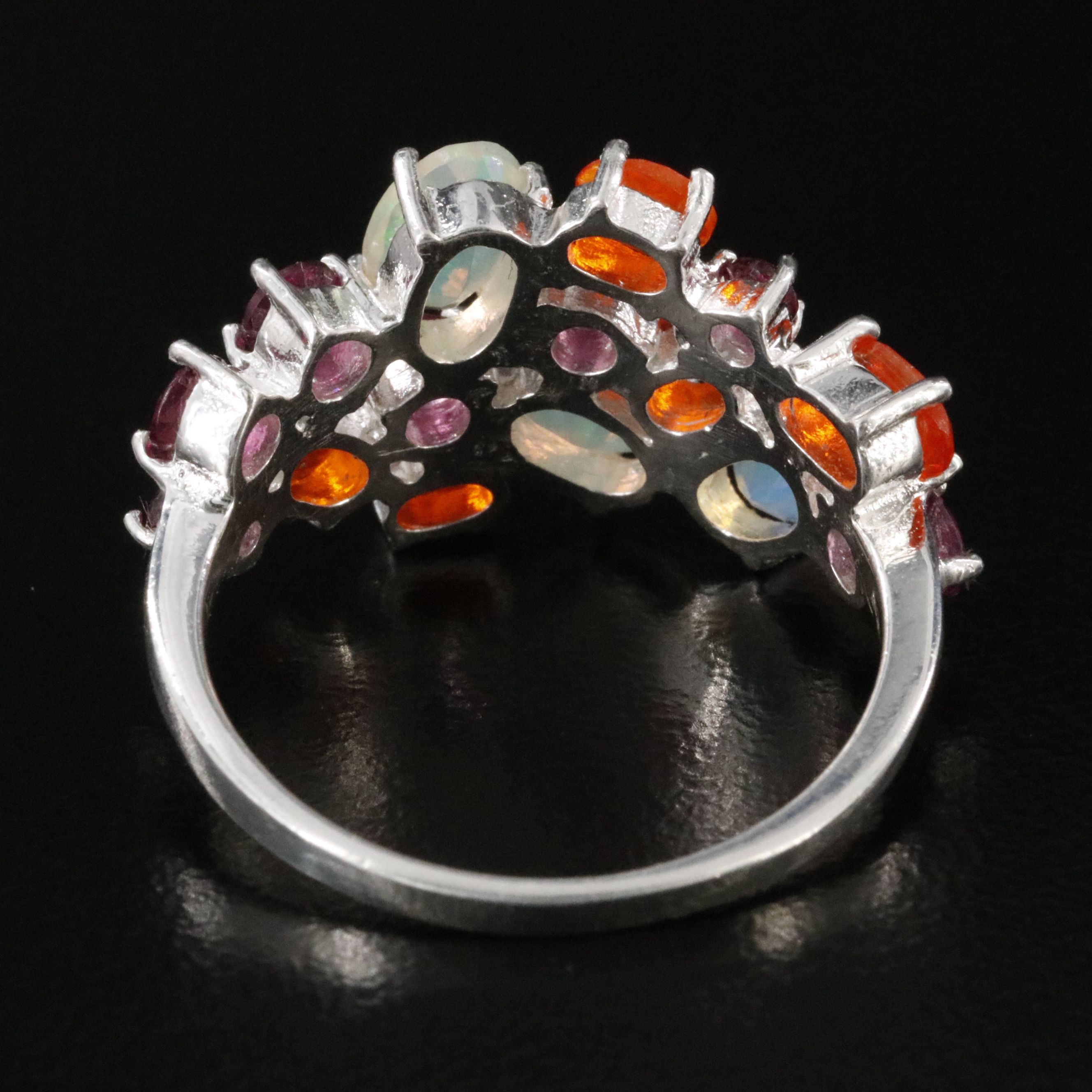 Sterling Opal, Fire Opal, and Rhodolite Garnet Ring