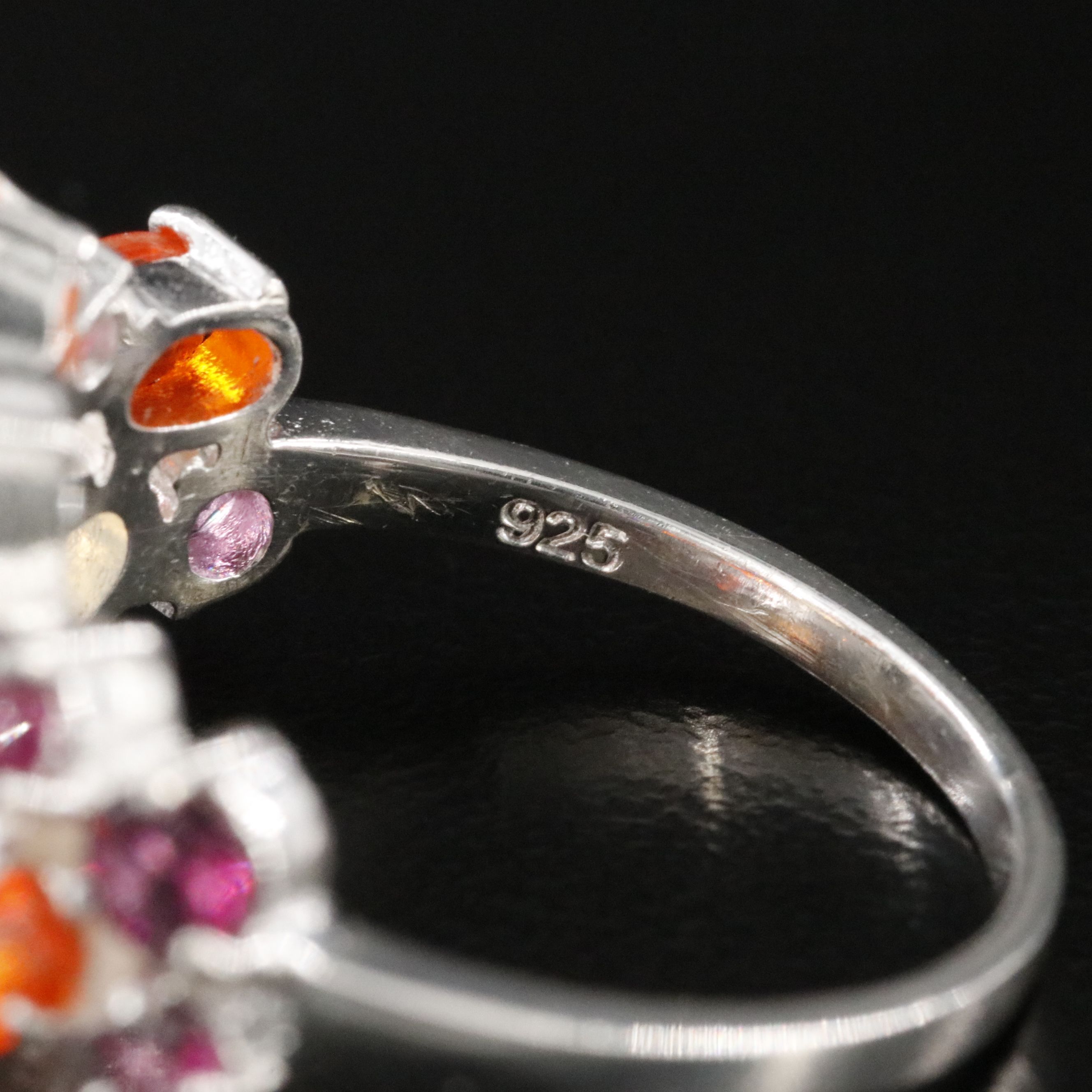 Sterling Opal, Fire Opal, and Rhodolite Garnet Ring