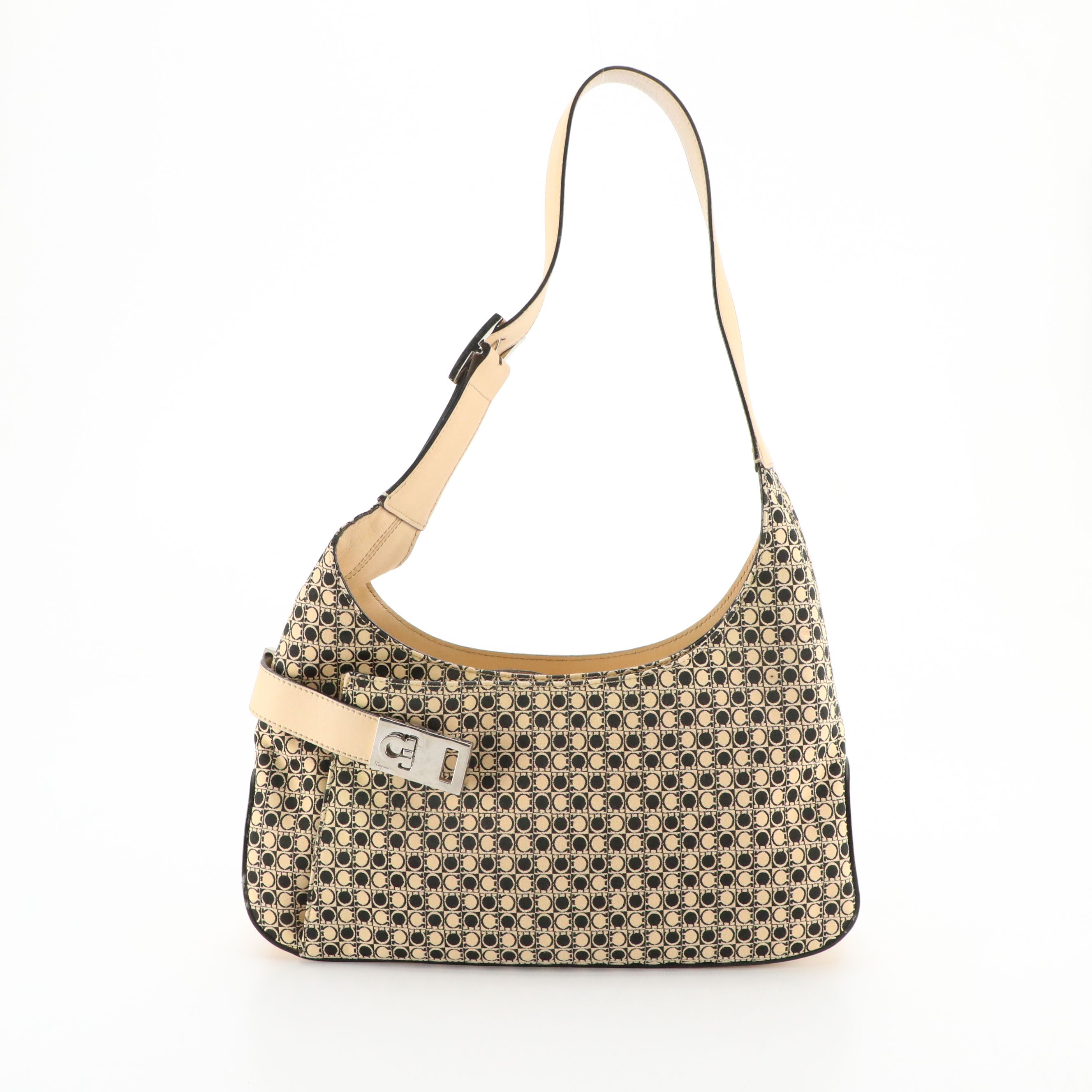 Salvatore Ferragamo Shoulder Bag in Beige & Black Gancini Jacquard and Leather