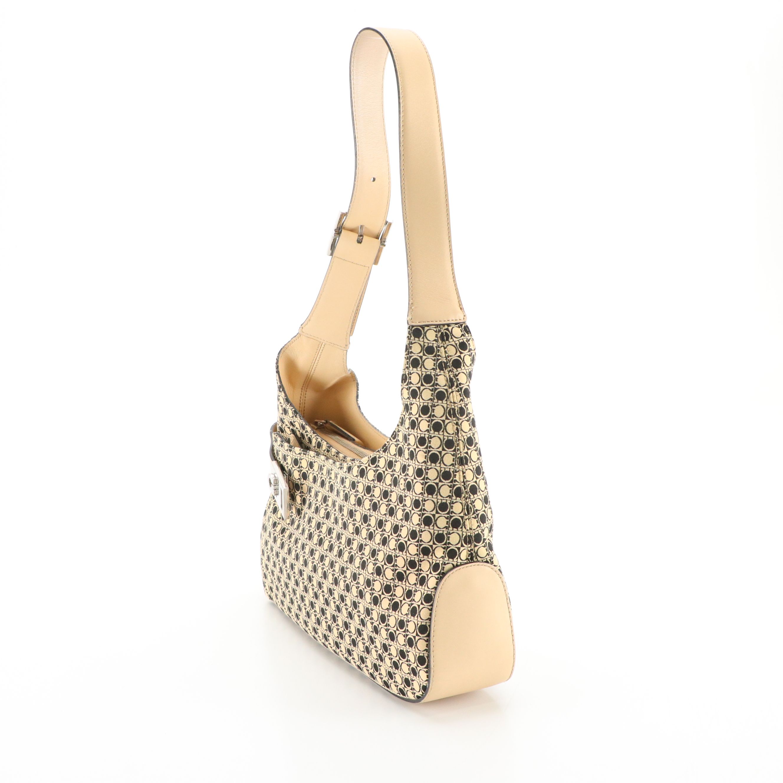 Salvatore Ferragamo Shoulder Bag in Beige & Black Gancini Jacquard and Leather