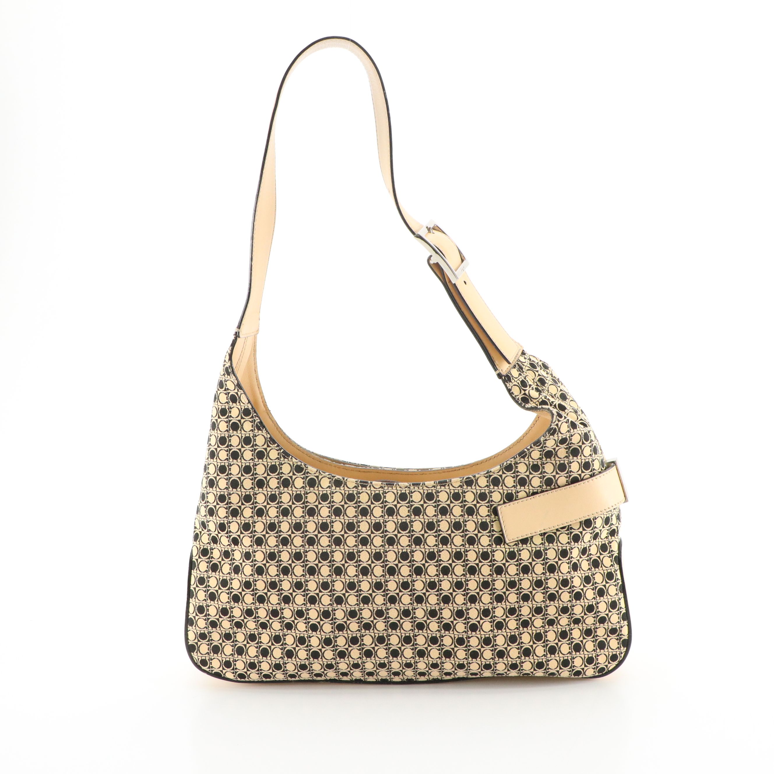 Salvatore Ferragamo Shoulder Bag in Beige & Black Gancini Jacquard and Leather
