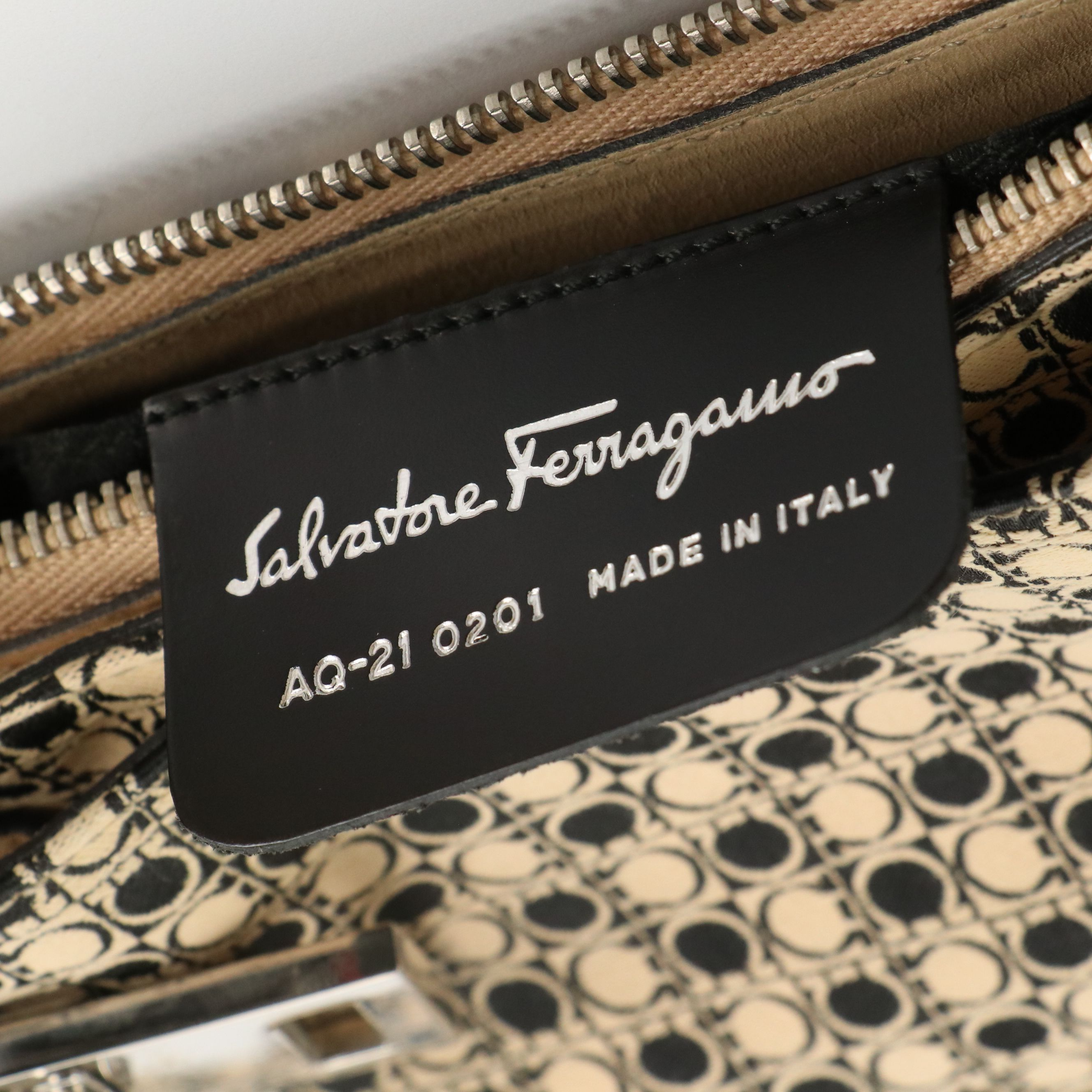 Salvatore Ferragamo Shoulder Bag in Beige & Black Gancini Jacquard and Leather