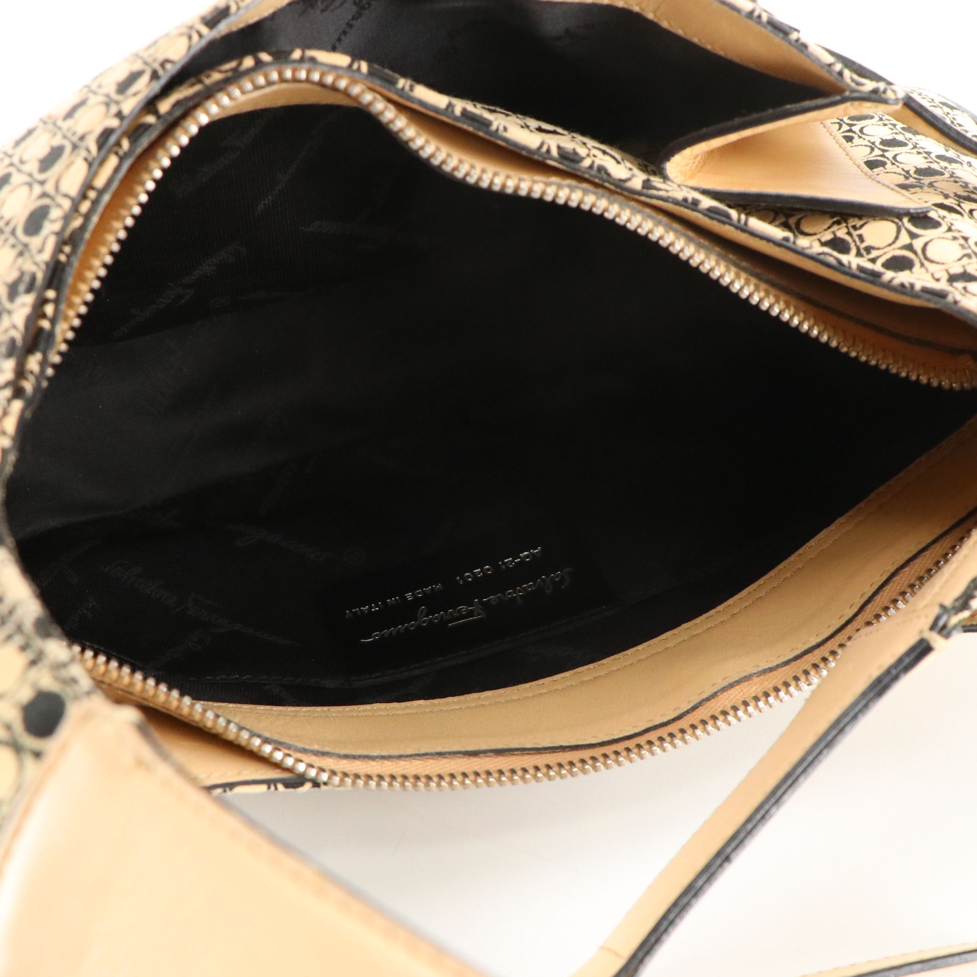 Salvatore Ferragamo Shoulder Bag in Beige & Black Gancini Jacquard and Leather