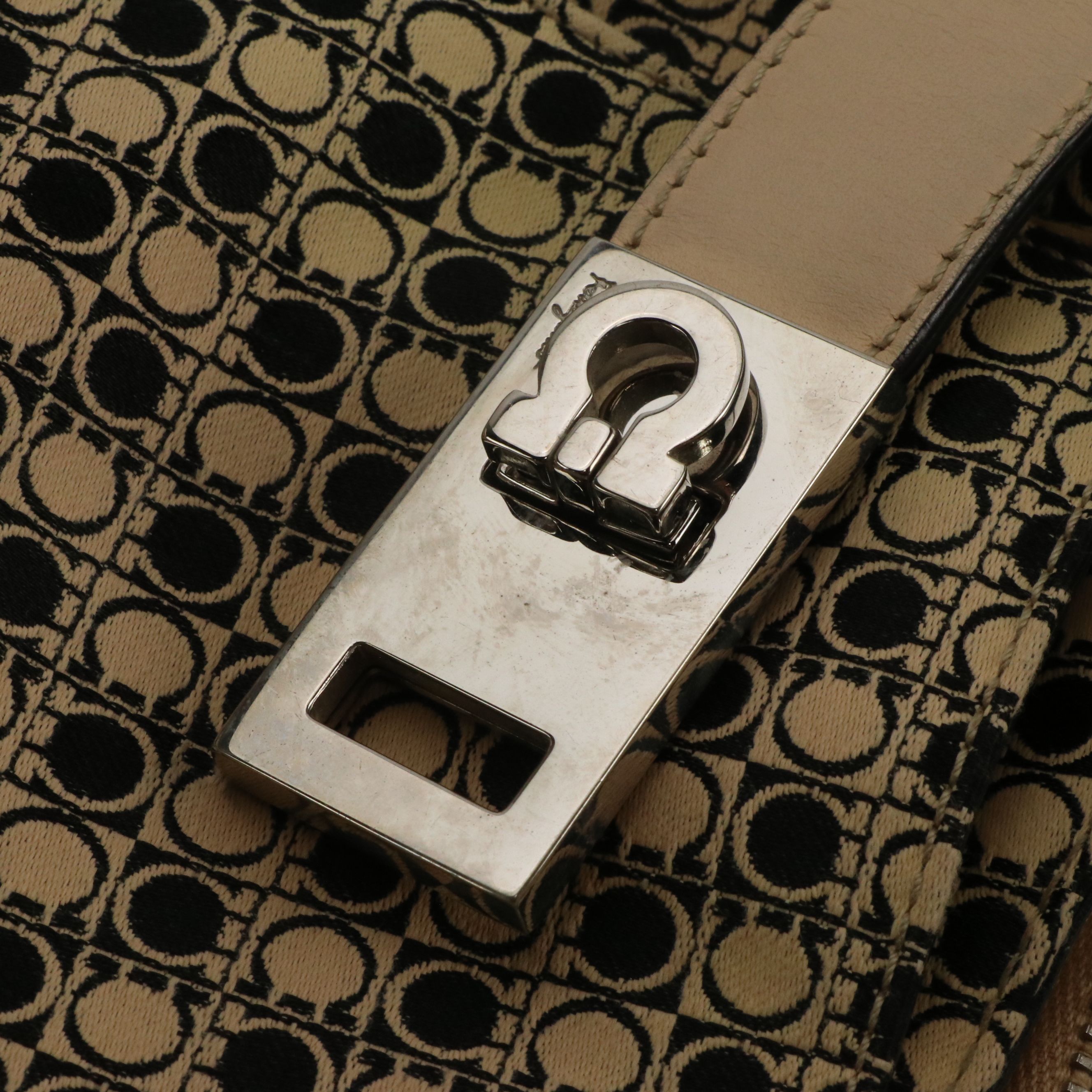 Salvatore Ferragamo Shoulder Bag in Beige & Black Gancini Jacquard and Leather