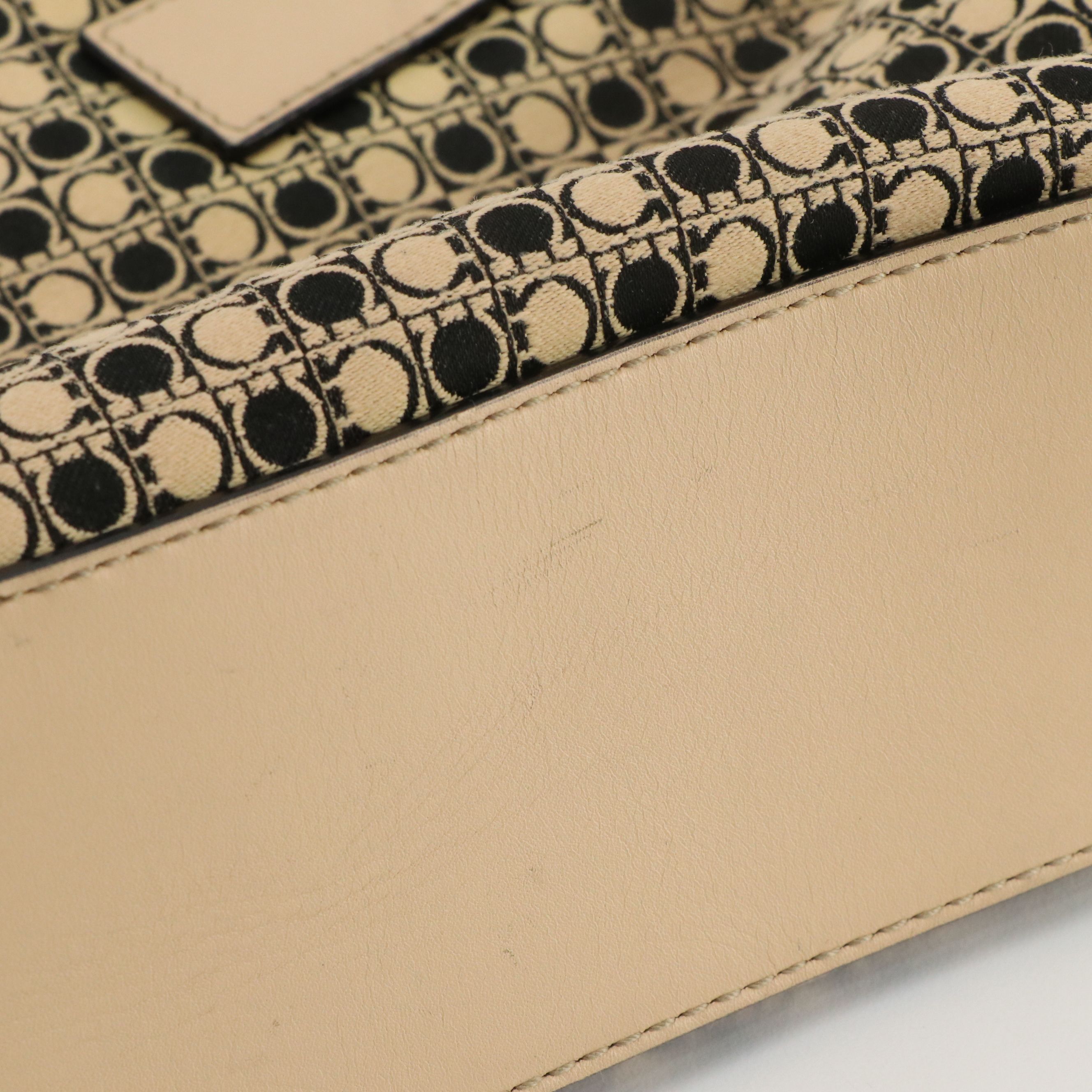 Salvatore Ferragamo Shoulder Bag in Beige & Black Gancini Jacquard and Leather
