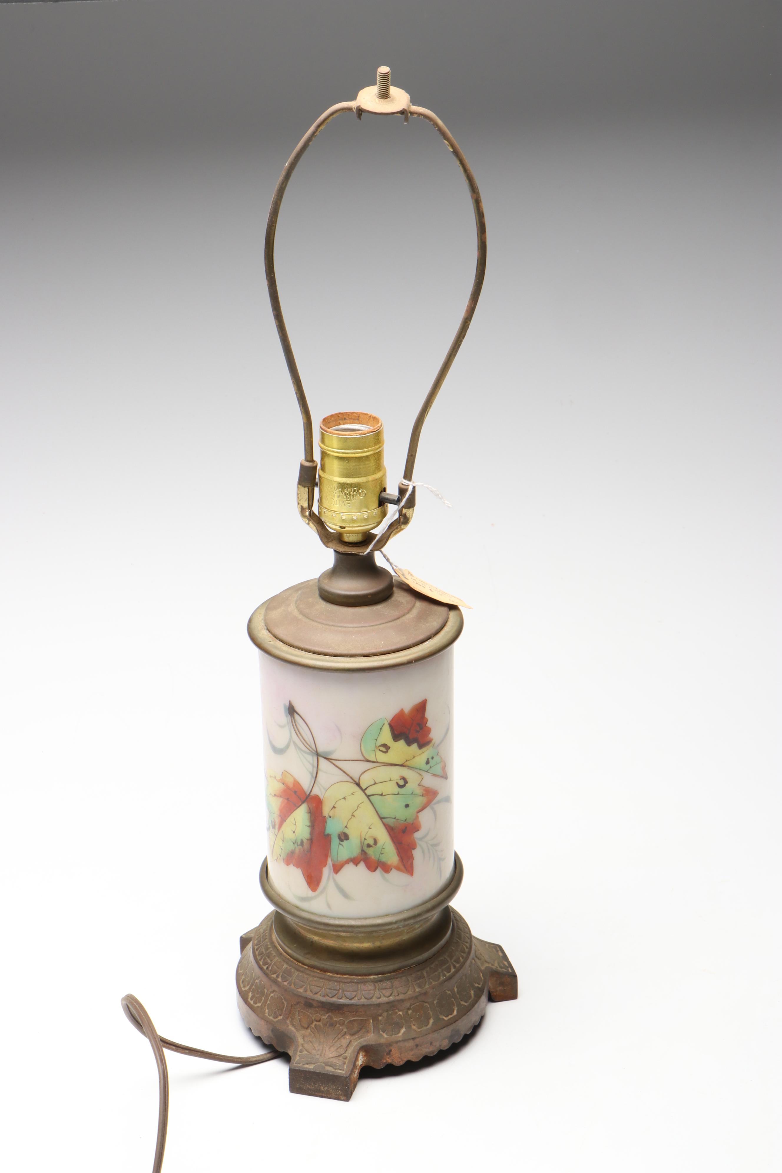 Hand-Painted Ceramic and Brass Table Lamp with Beaded Silk Shade