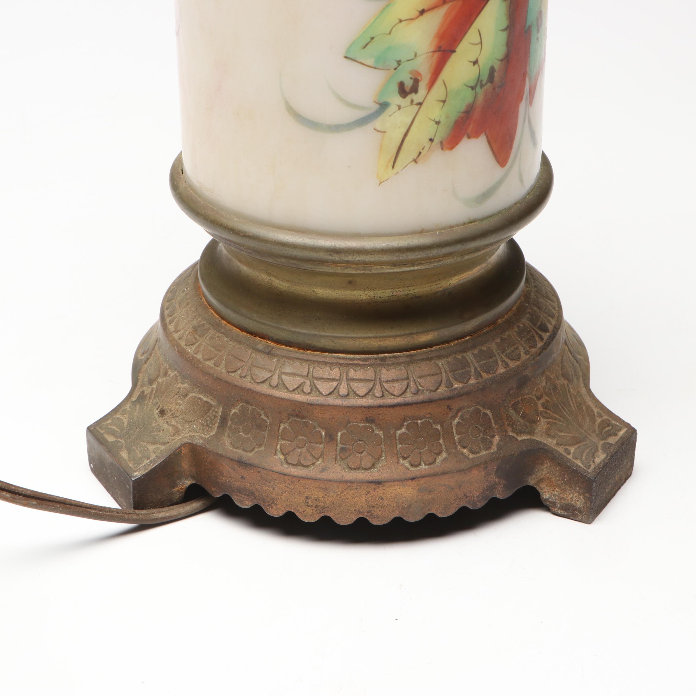 Hand-Painted Ceramic and Brass Table Lamp with Beaded Silk Shade