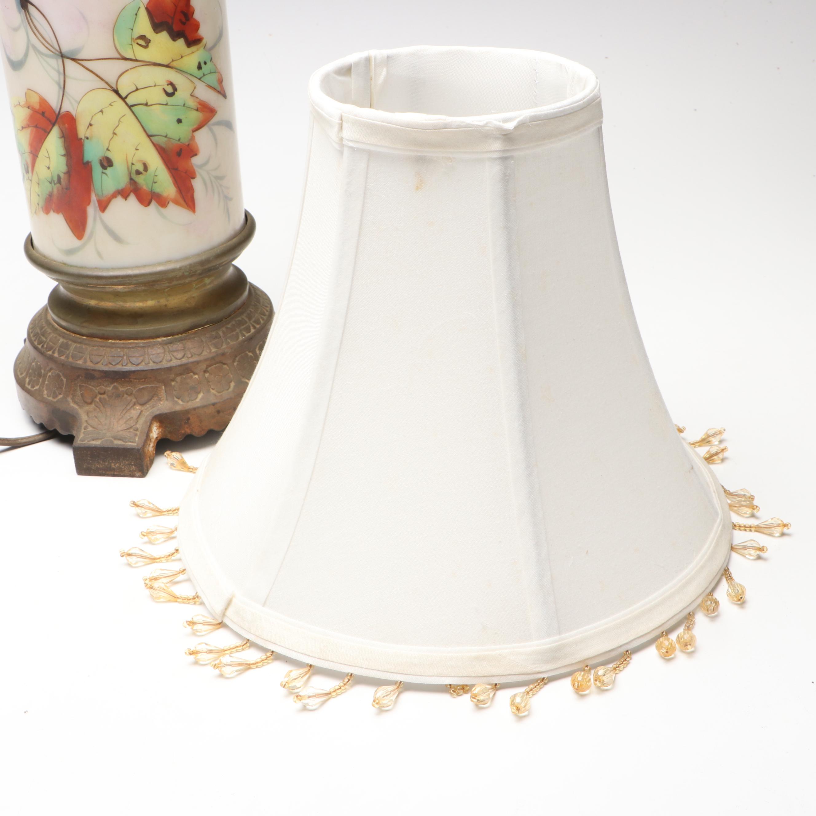 Hand-Painted Ceramic and Brass Table Lamp with Beaded Silk Shade
