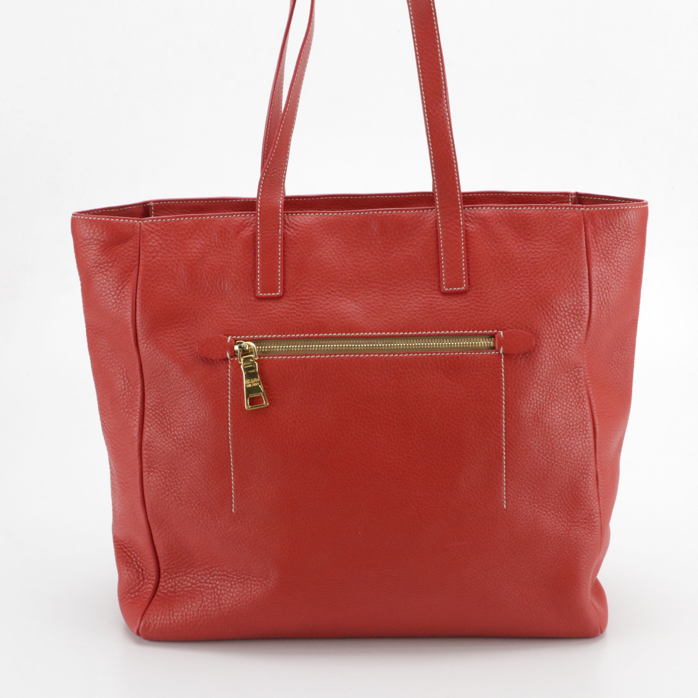 Prada Large Zippered Shoulder Tote in Red Vitello Daino Leather