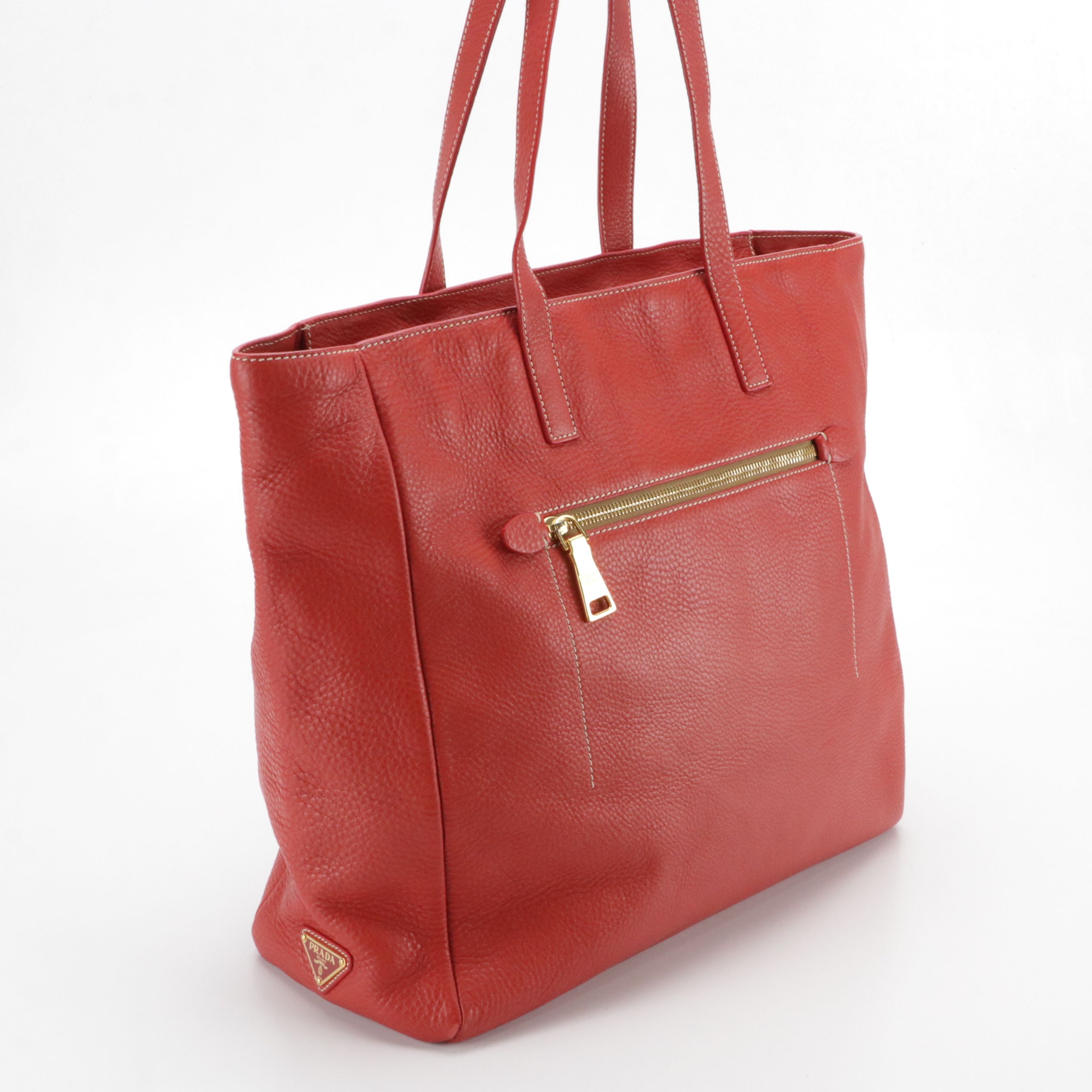 Prada Large Zippered Shoulder Tote in Red Vitello Daino Leather