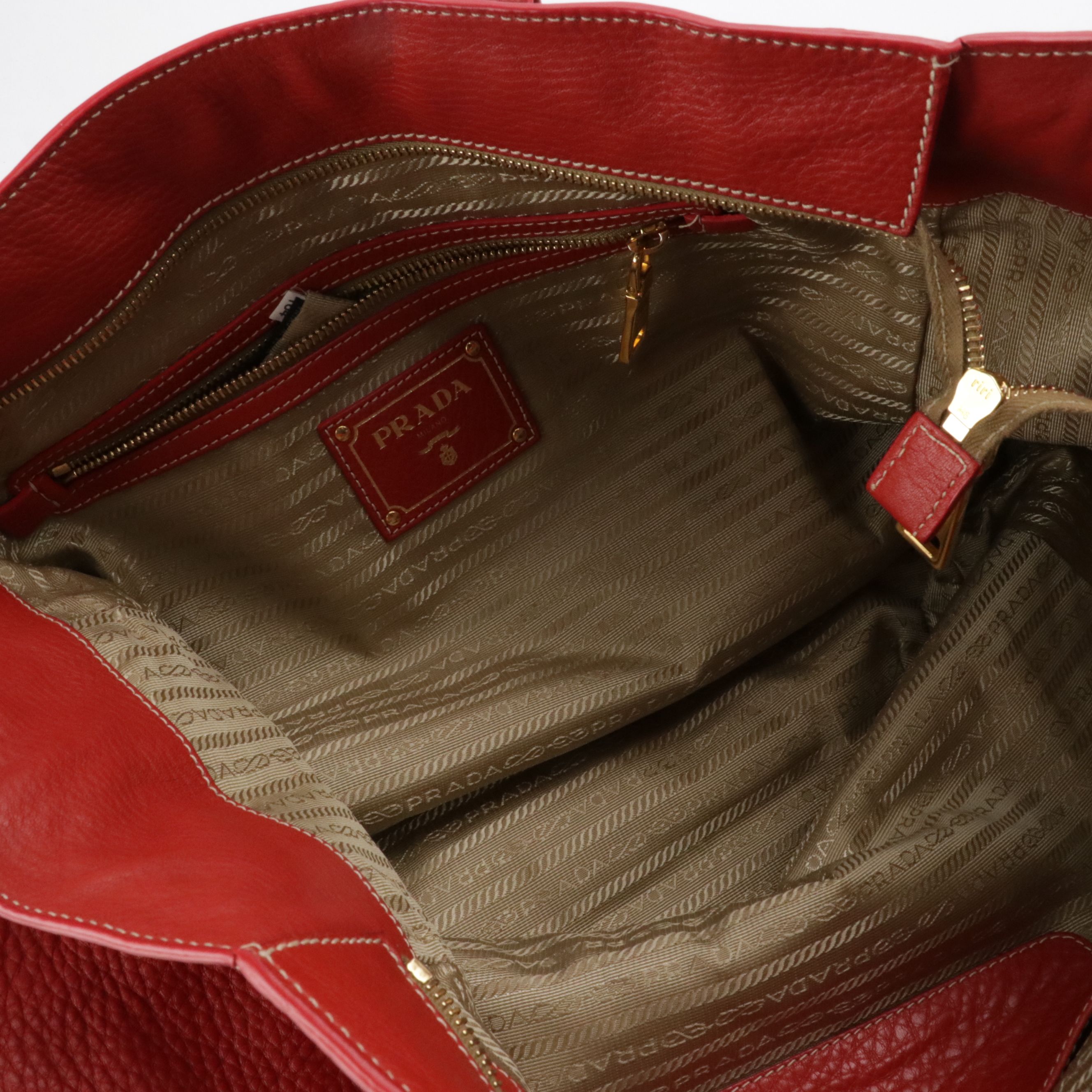 Prada Large Zippered Shoulder Tote in Red Vitello Daino Leather