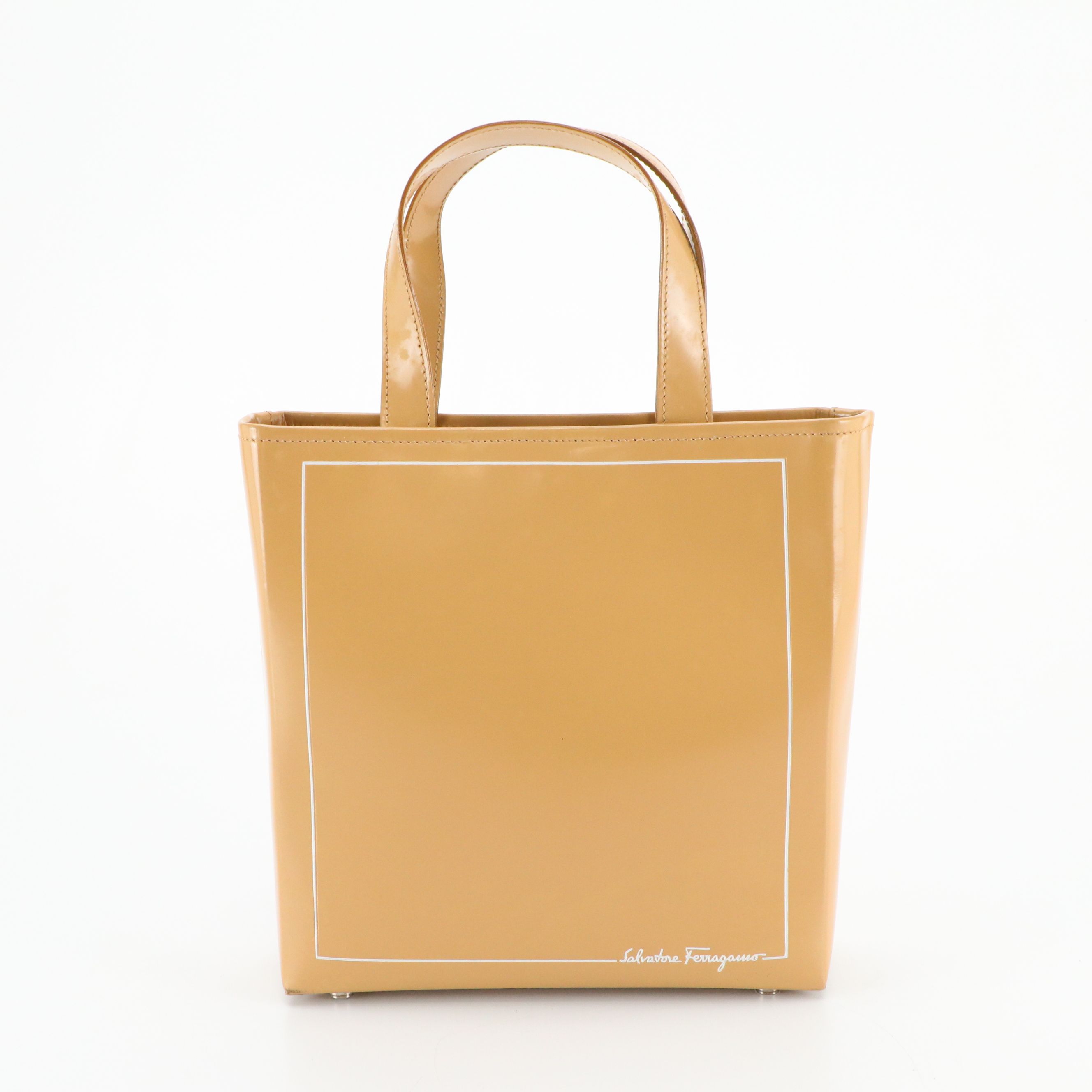 Salvatore Ferragamo Mini Tote Bag in Beige Glossy Box Leather
